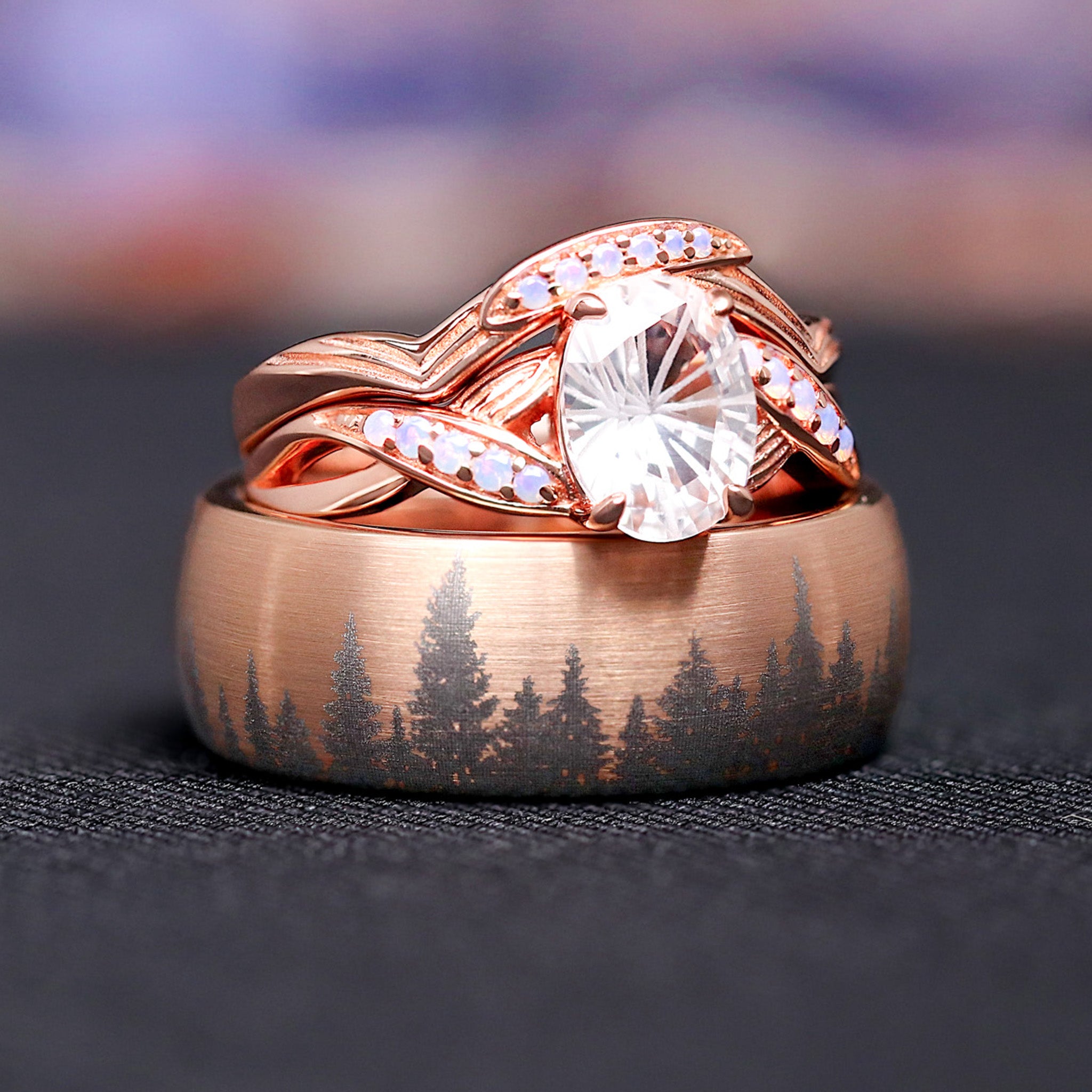 White Lotus Couples Ring Set, His and Her Rings, Matching Rose Gold Band Set, Nature Inspired Rings, Fantasy Cut White Sapphire Flower Ring