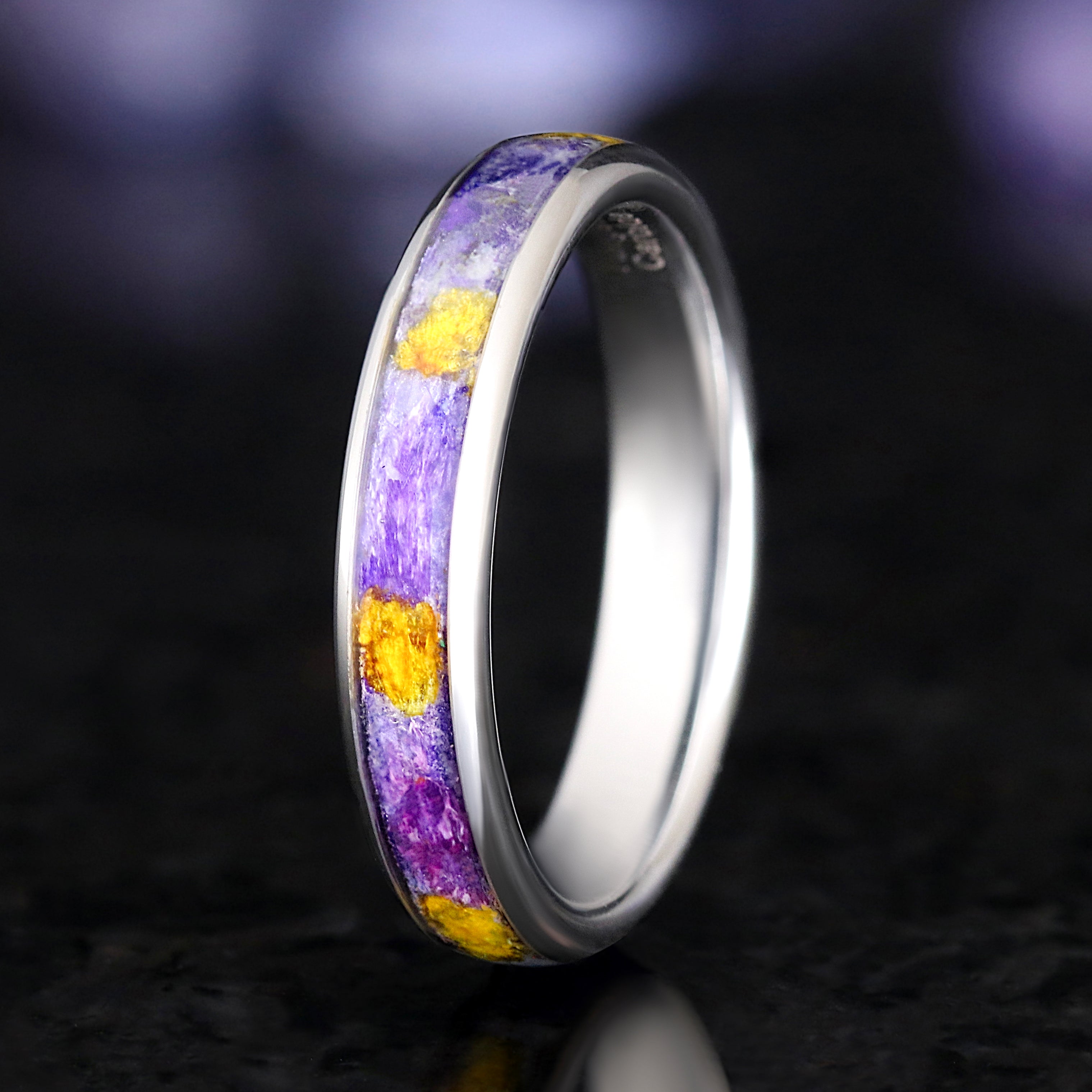 Forget-Me-Not Couples Ring Set, Silver Tungsten Wedding Bands, 4mm & 6mm Flower Inlay Rings, Comfort Fit, Unique Nature Rings for Him Her