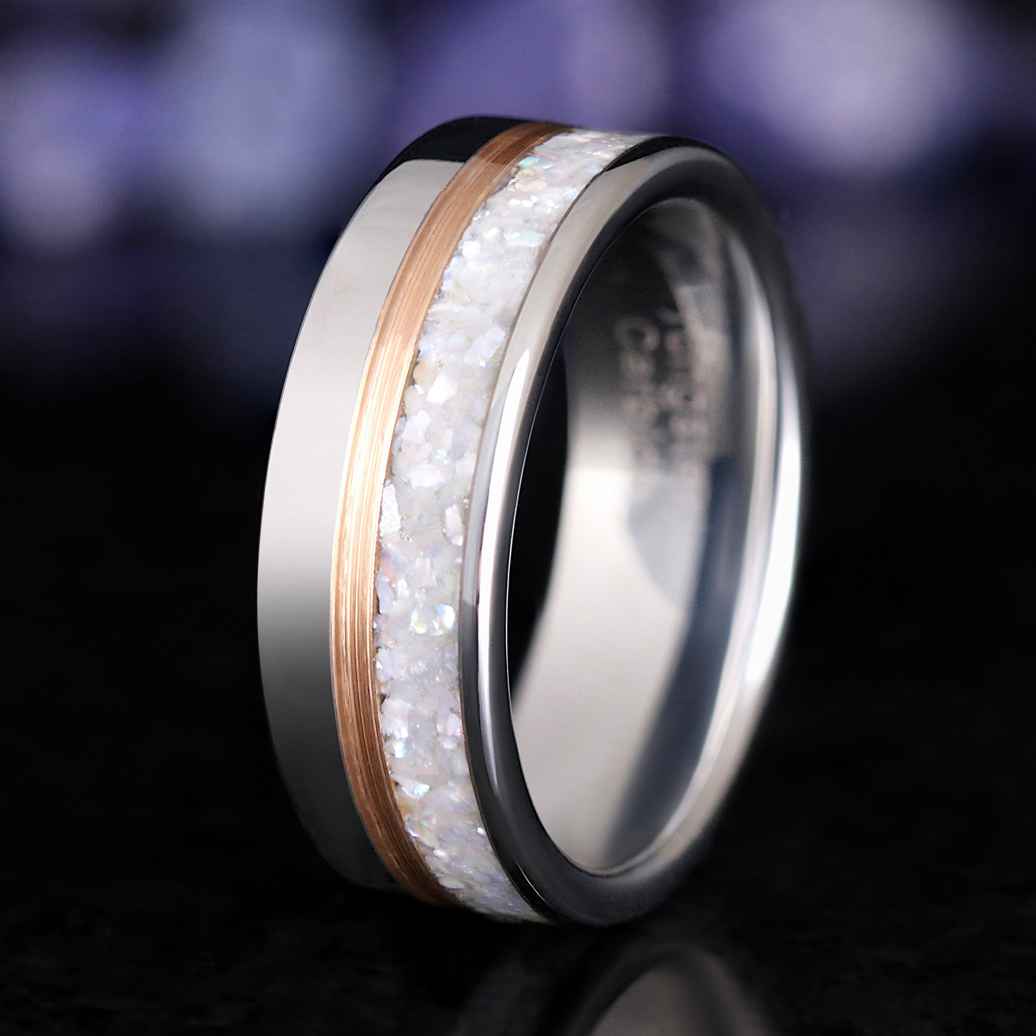 Mens Pearl Wedding Band, Silver Tungsten Ring with Rose Gold Accent, Crushed Pearl Inlay, Flat Comfort Fit, Unique Engagement Ring, Two-Tone