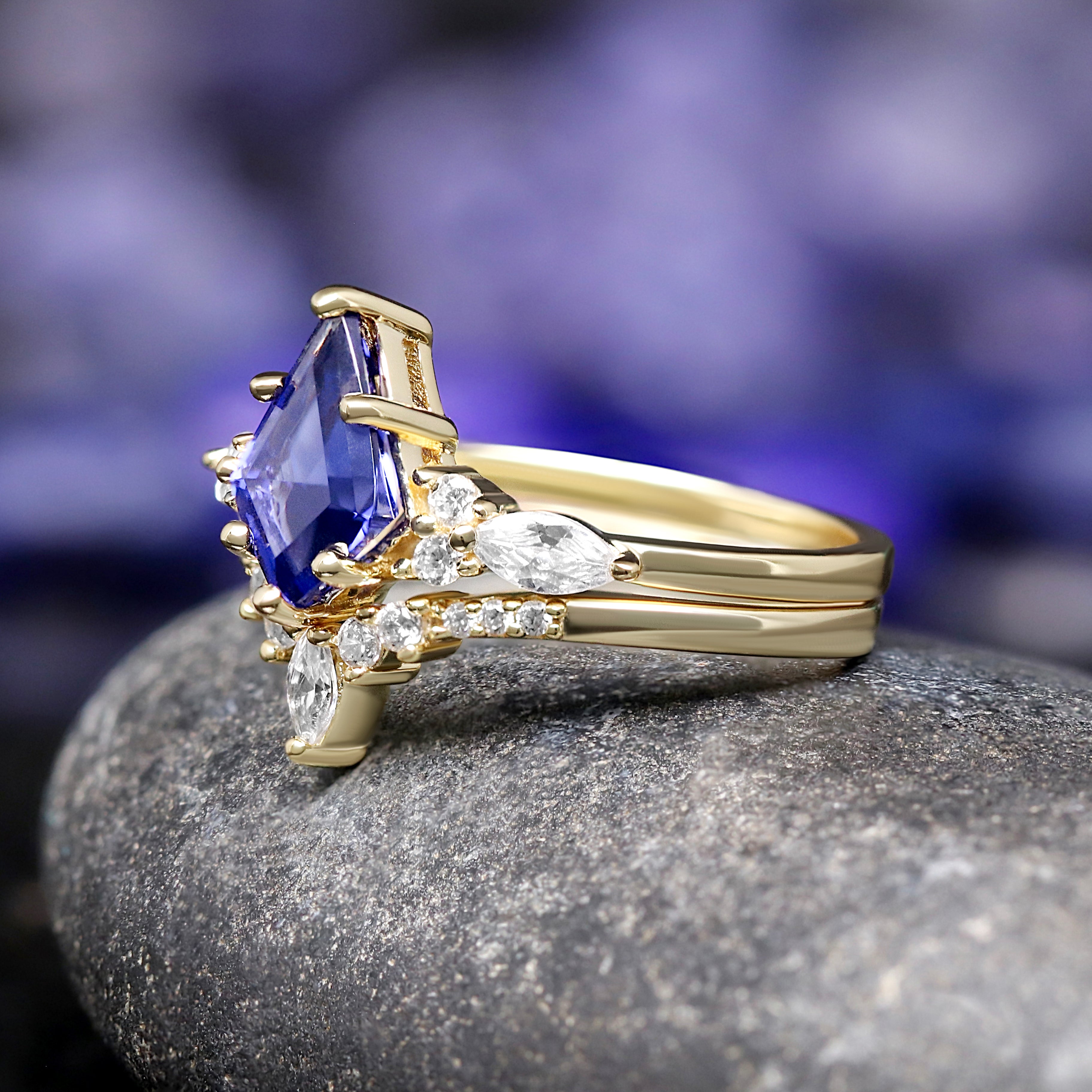 Orion Nebula Couples Ring Set Gold, His and Her Wedding Band, Sapphire Kite Engagement Ring Set, Matching Blue Nebula Ring, Outer Space Ring