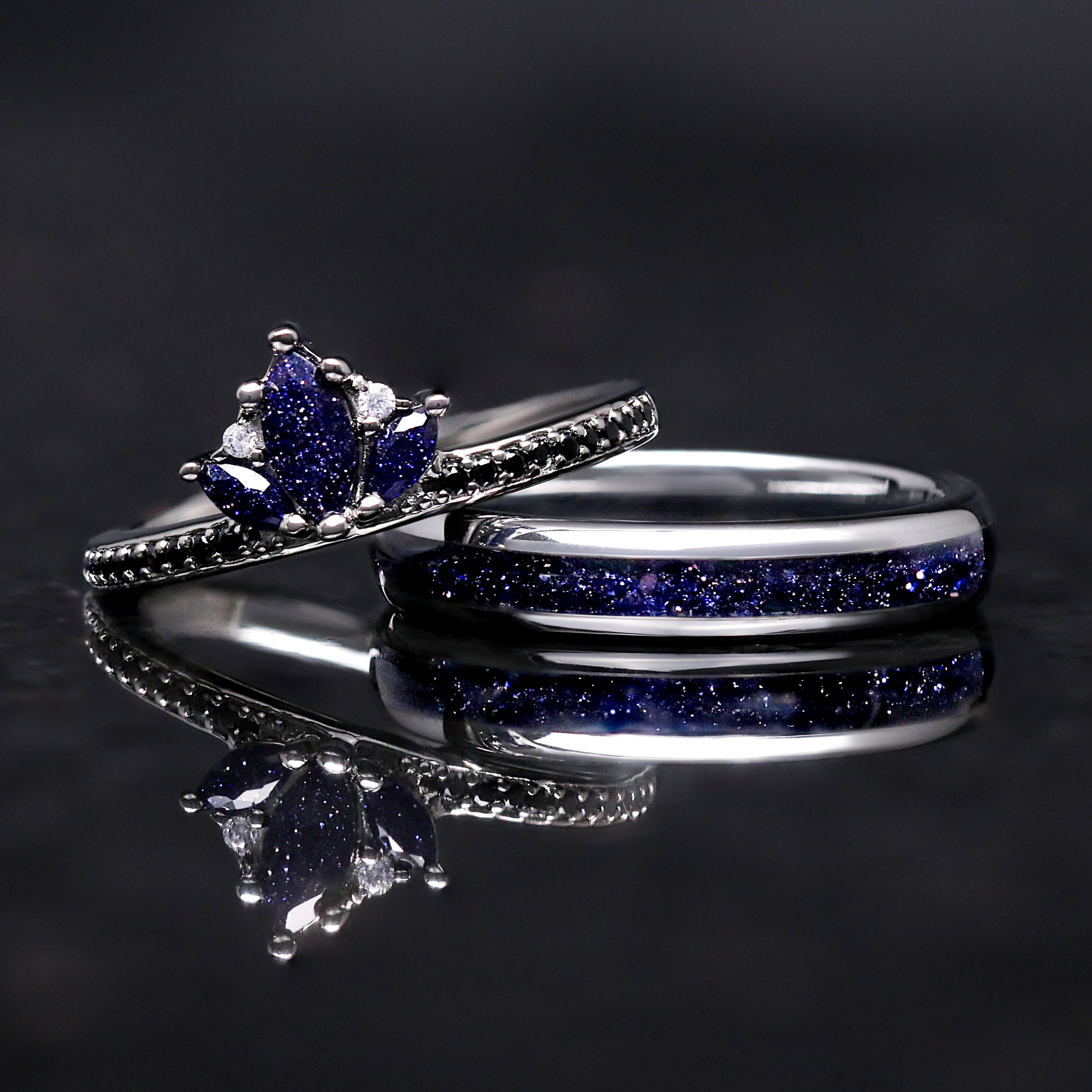 Lotus Starry Night Ring Set, His and Her Wedding Band Set, Tungsten Space Rings, 8mm & 4mm Polish Dome, Rift Sandstone, Matching Couple Ring