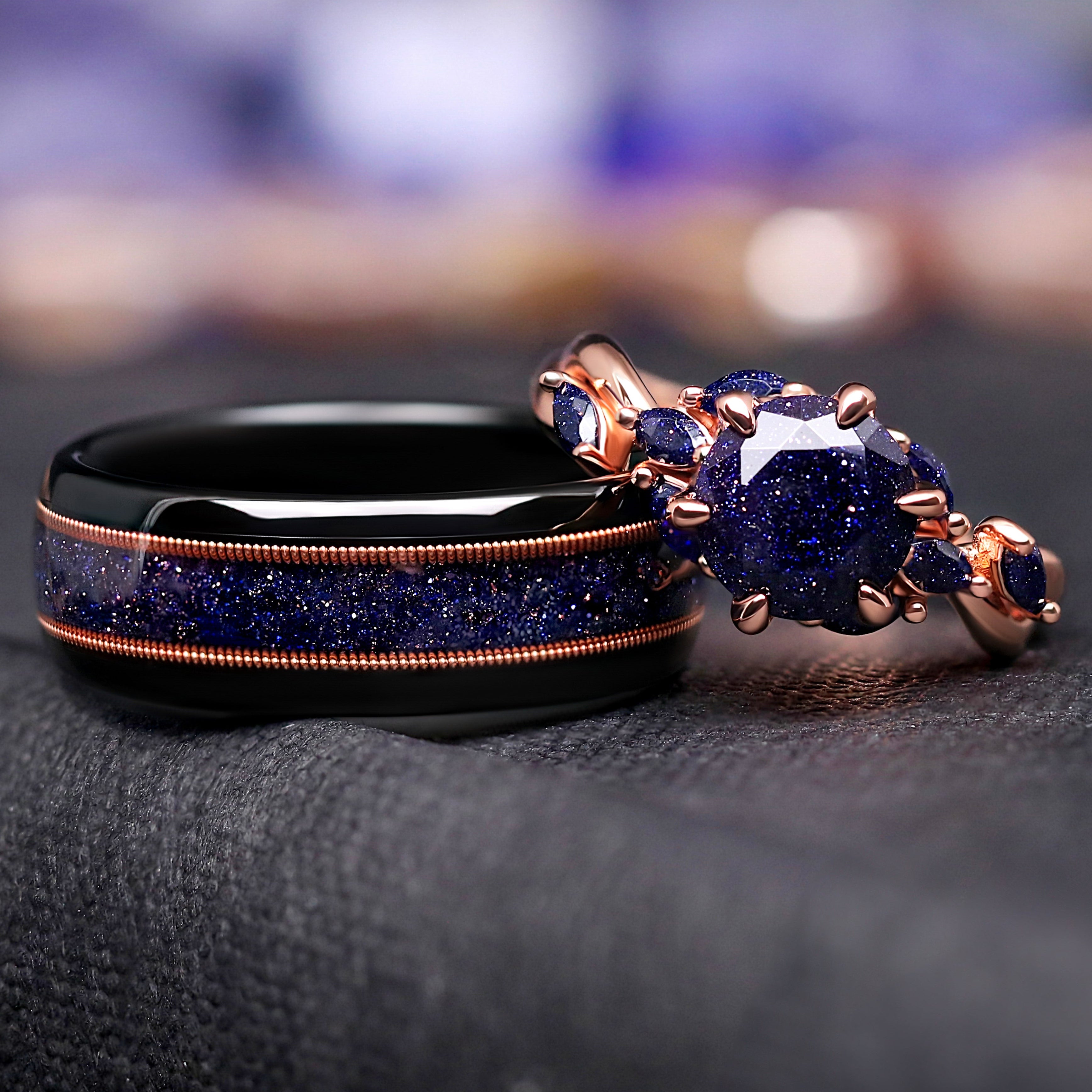 Nesta Starry Night Engagement Ring Set for Couples, Great Rift Nebula, Rose Gold Sandstone, His & Her Space Wedding Ring Set, Guitar String