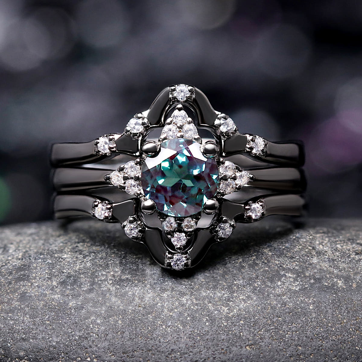 Alexandrite couple rings in black sterling silver