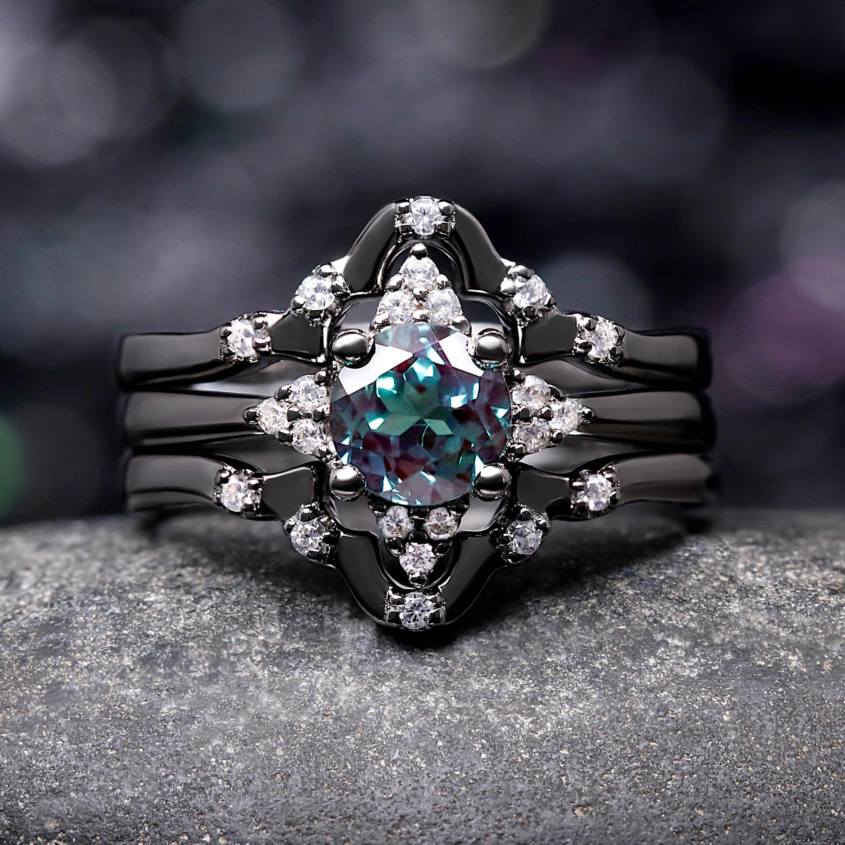 Veloura Black Alexandrite Engagement Ring Set – Unique Wedding Ring for Women, Black Ring, Round Cut Alternative Bridal Set, 925 Silver