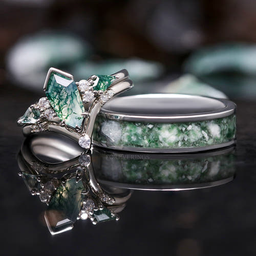Matching silver couples ring set: coffin kite moss agate engagement ring and 6mm tungsten band
