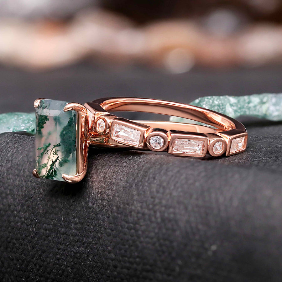 Vella moss agate engagement ring set