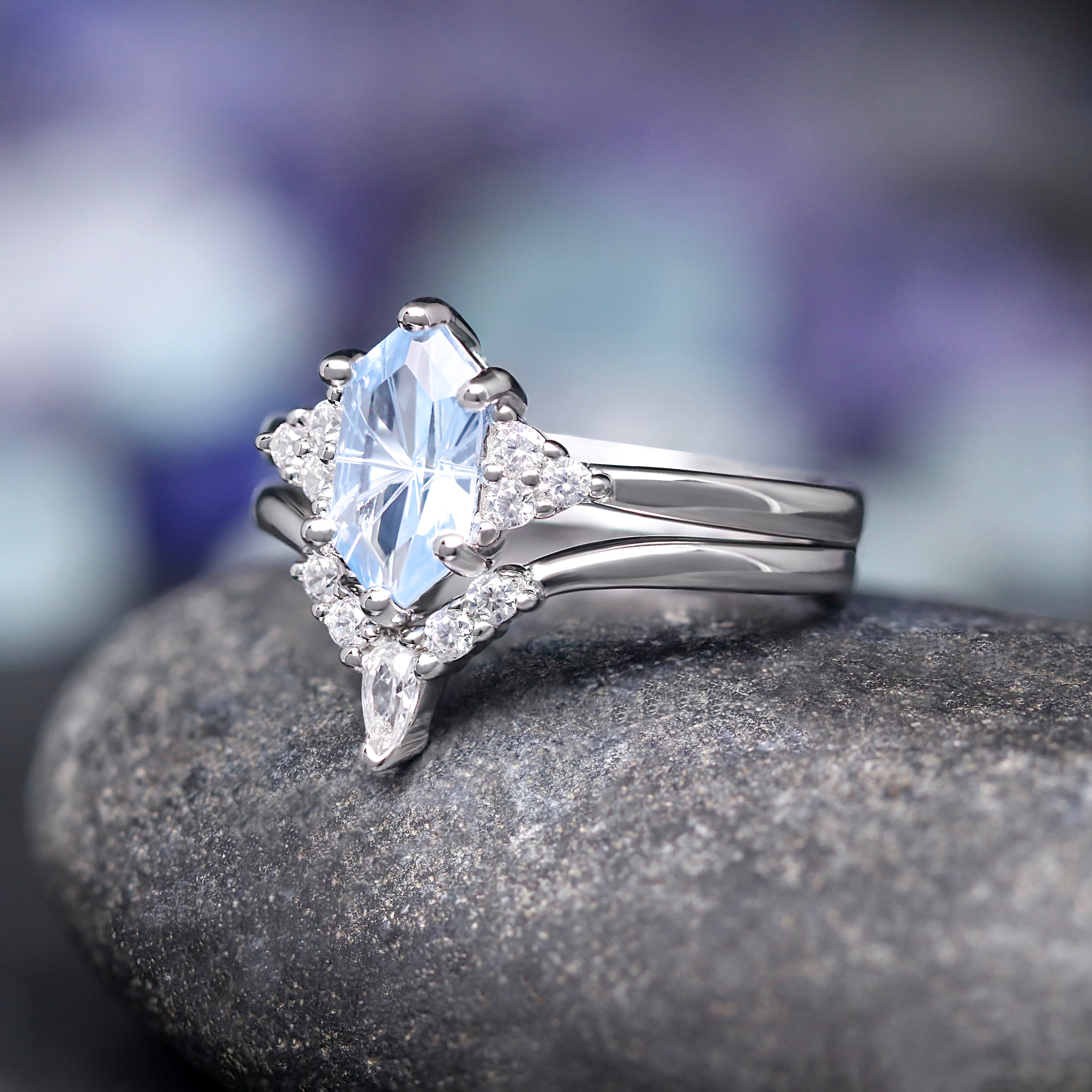 Spire Aquamarine Engagement Ring, Women Wedding Ring Set, Elongated Hexagon, 925 Sterling Silver, Unique Promise Ring for Her, Gift for Her