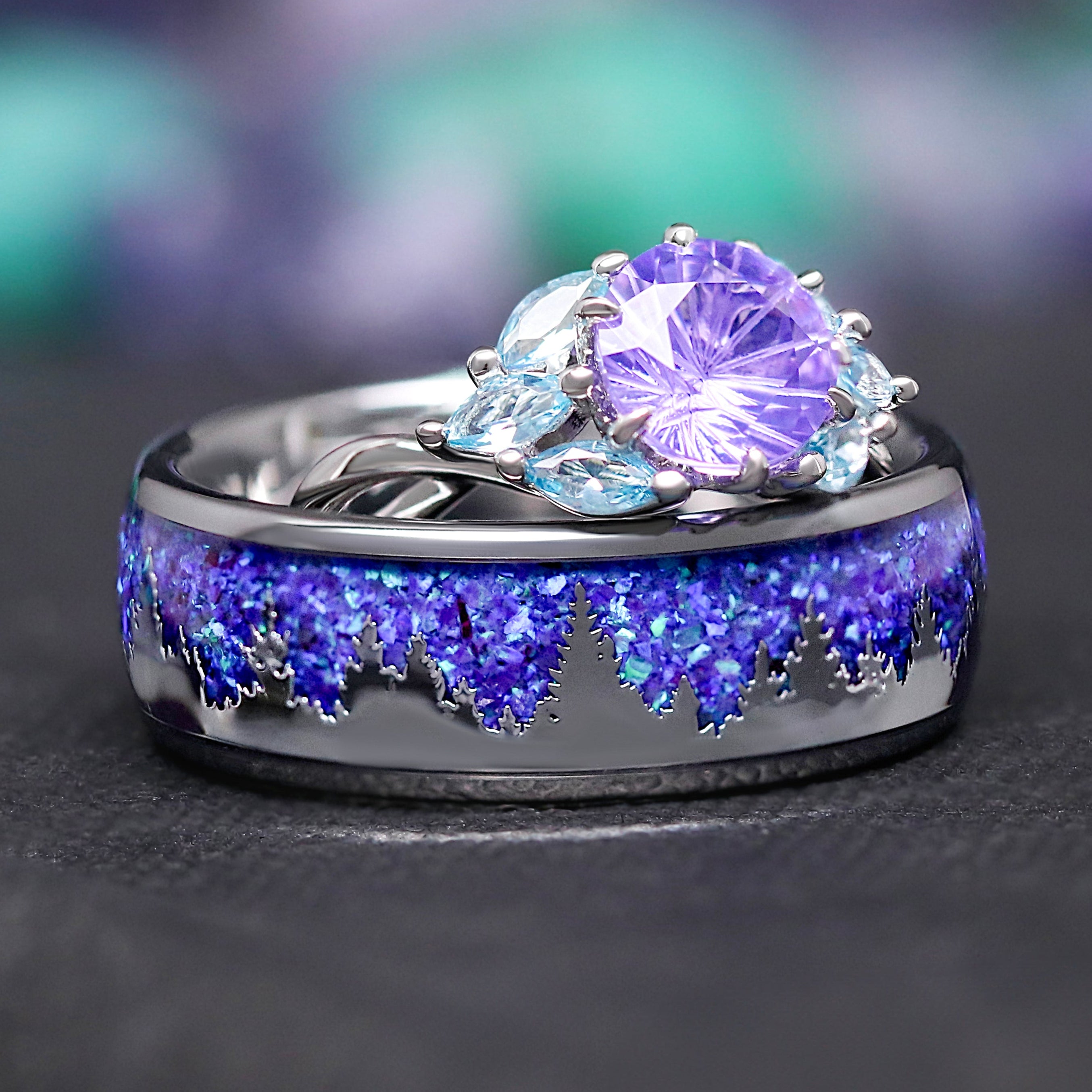 Borealis Couples Ring Set – Matching Nature Wedding Band, Amethyst, Aquamarine Leaf Ring, Fire Opal, Northern Light Ring, Aurora Tree Ring