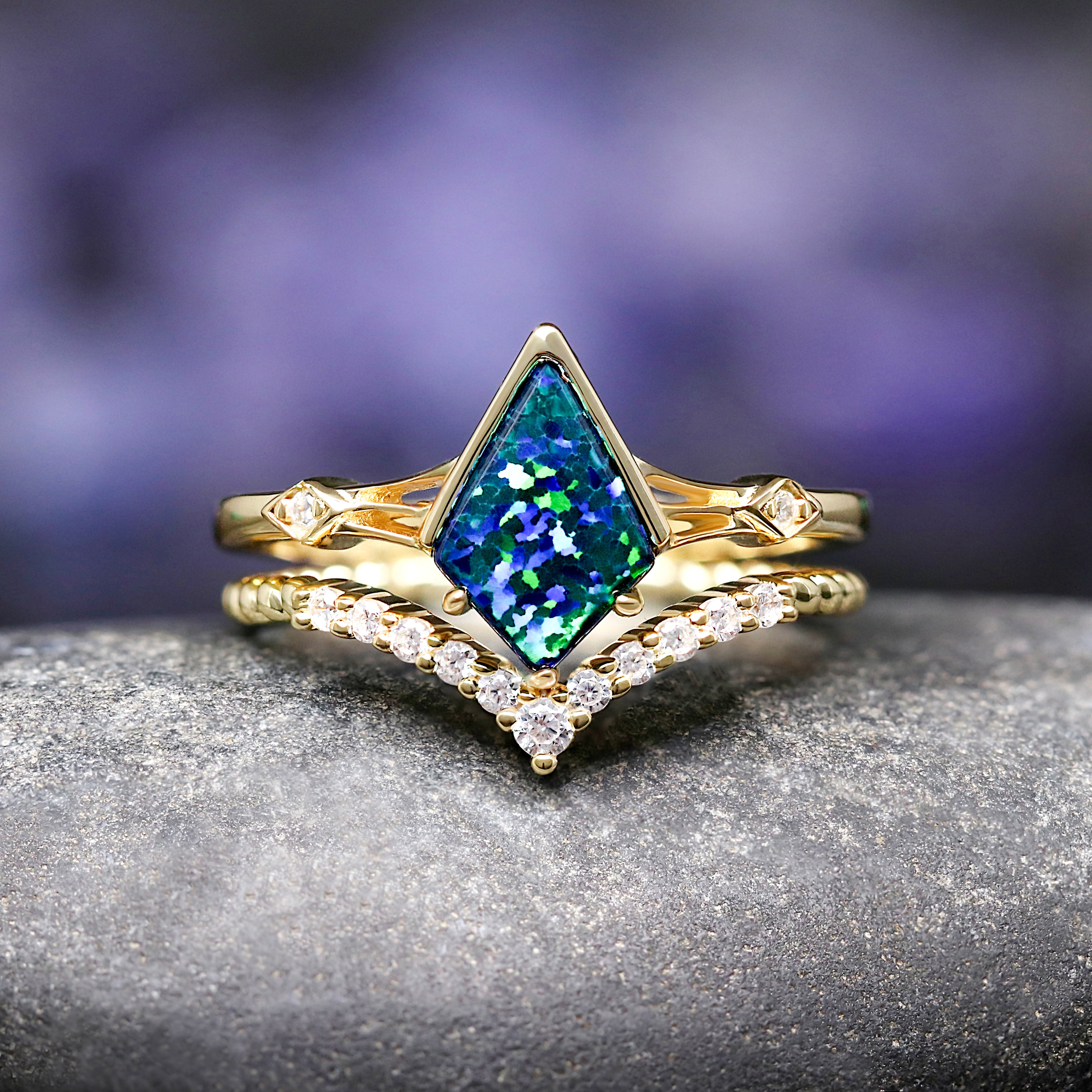 Gold Celtic Kite Opal Engagement Ring Set, Blue Green Emerald Opal, Braided Chevron Wedding Band, Unique Alternative Promise Ring for Her