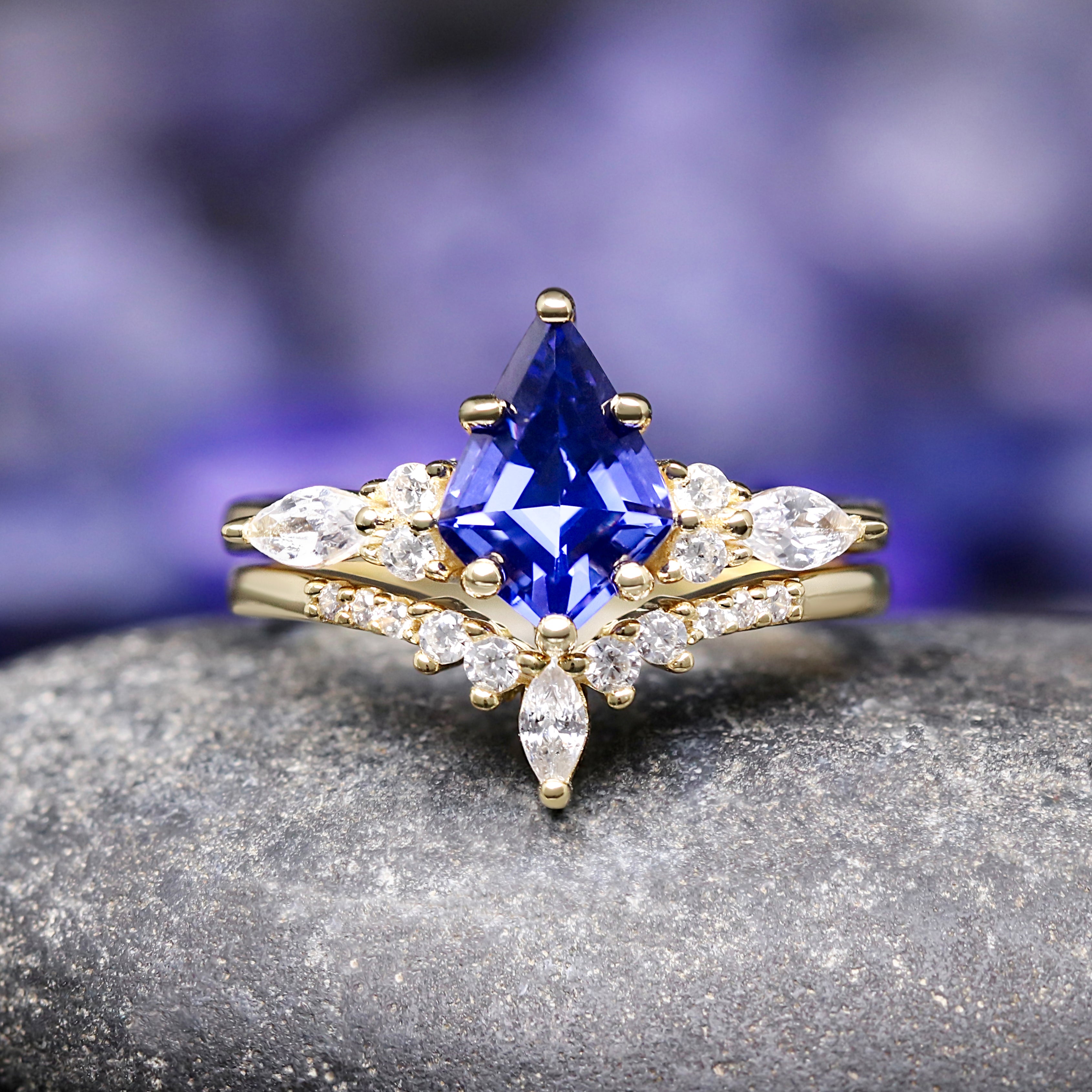 Gold sapphire couples wedding ring set