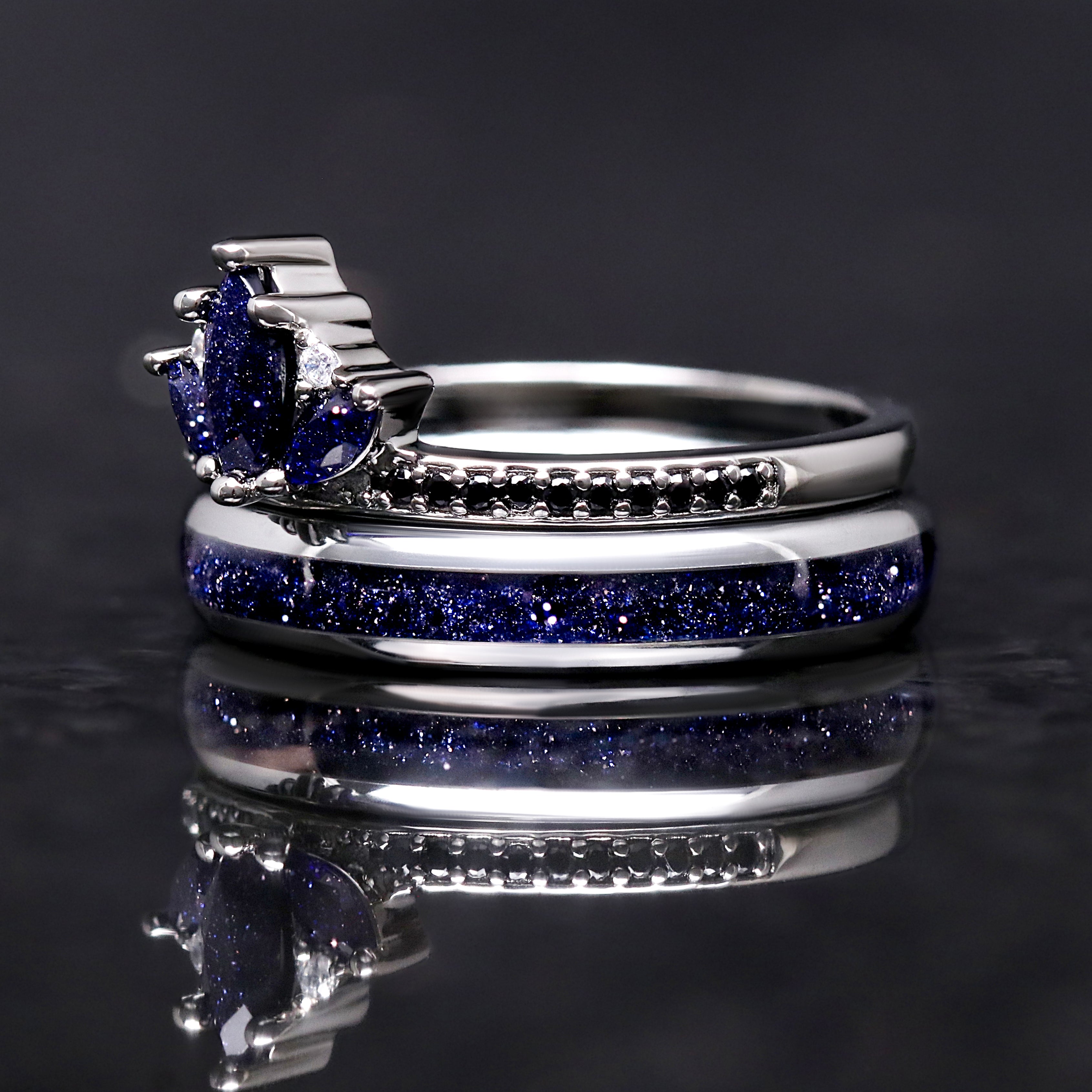 Lotus Starry Night Ring Set, His and Her Wedding Band Set, Tungsten Space Rings, 8mm & 4mm Polish Dome, Rift Sandstone, Matching Couple Ring
