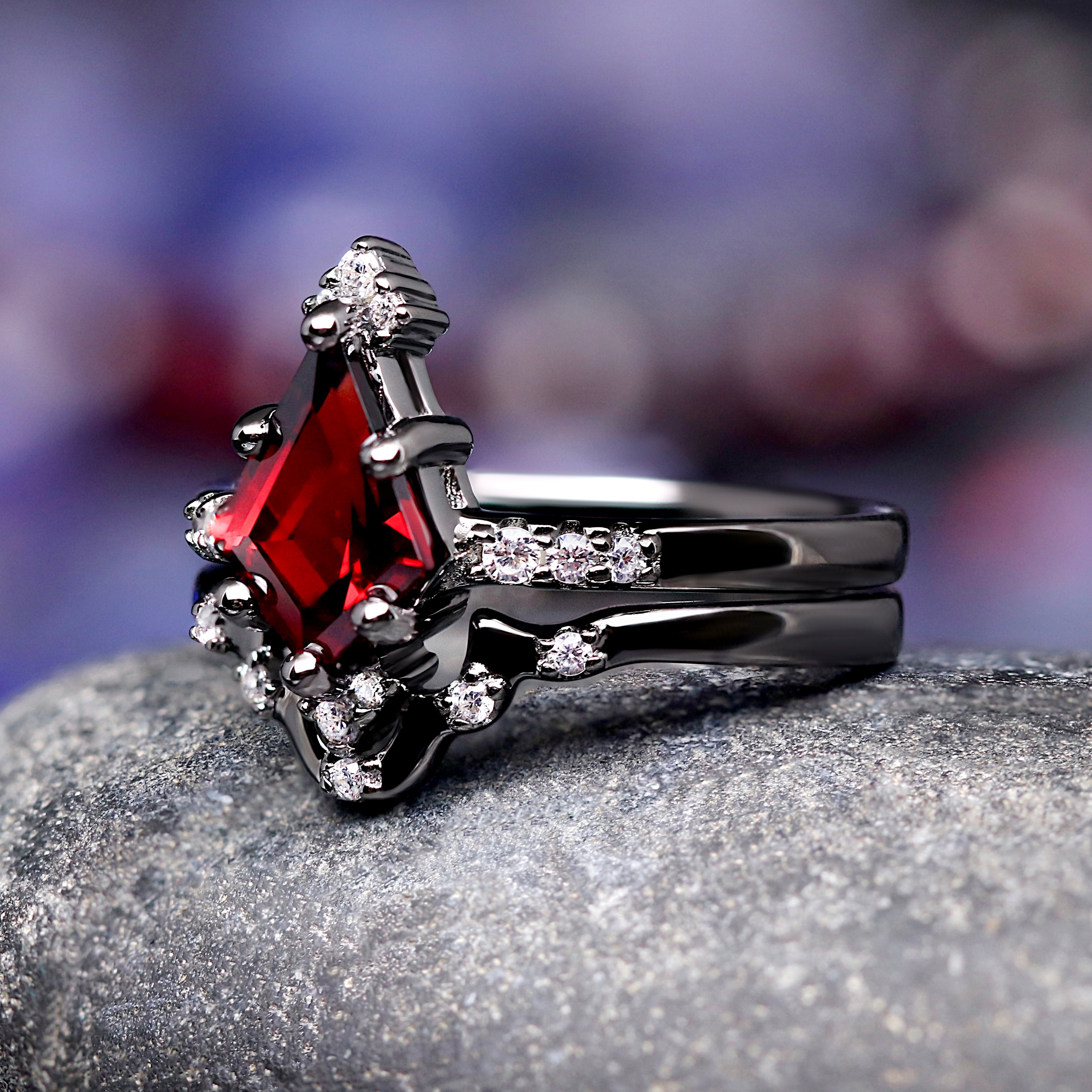 Weaver Natural Garnet Wedding Ring, Unique Engagement Ring, Kite Cut Cluster, Red and Black Ring, Goth Alternative Ring, Dark Aesthetic