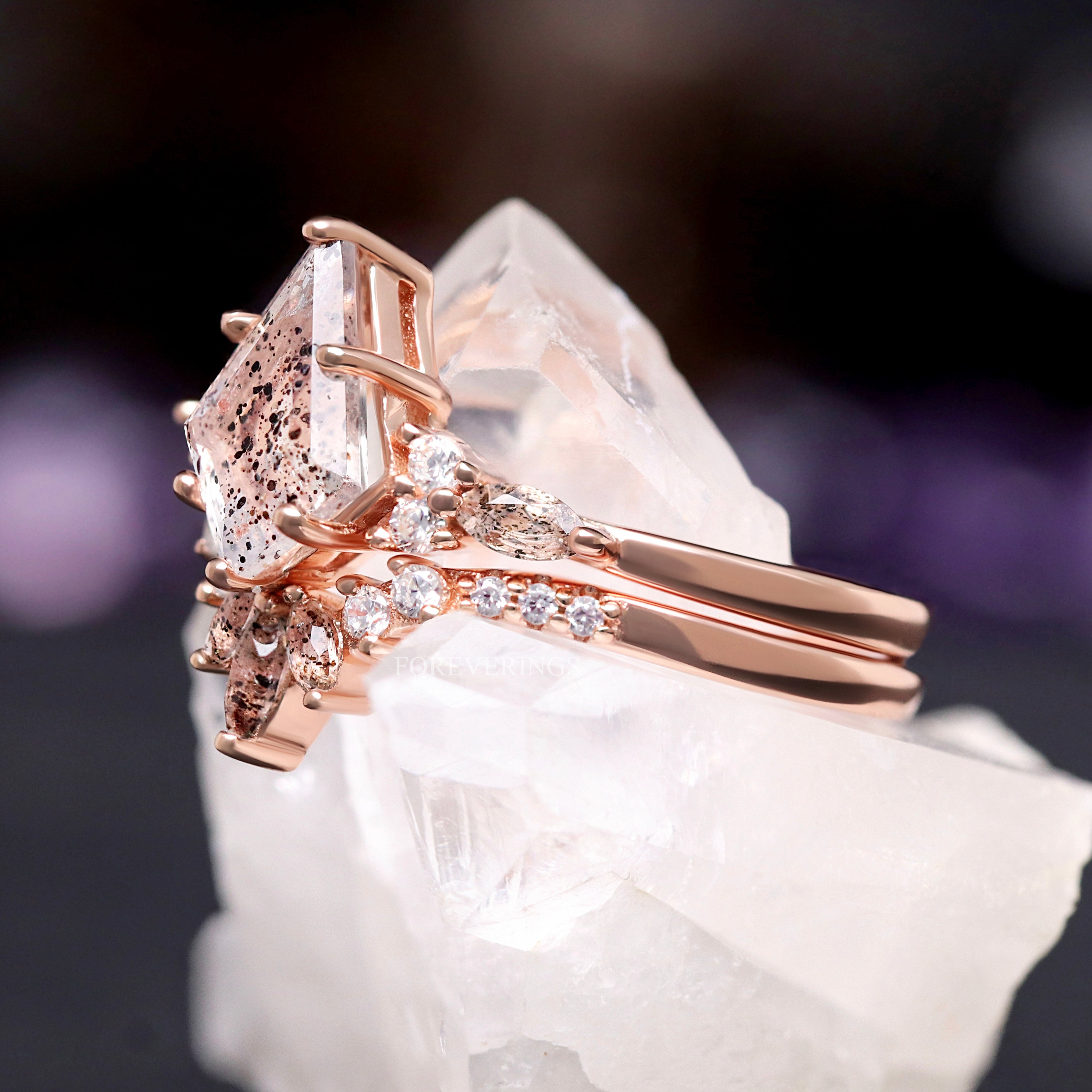 Meteorite & Herkimer Diamond Ring Set, His and Her Rose Gold Engagement Rings, Tungsten Band, 925 Silver, Salt and Pepper Ring Set