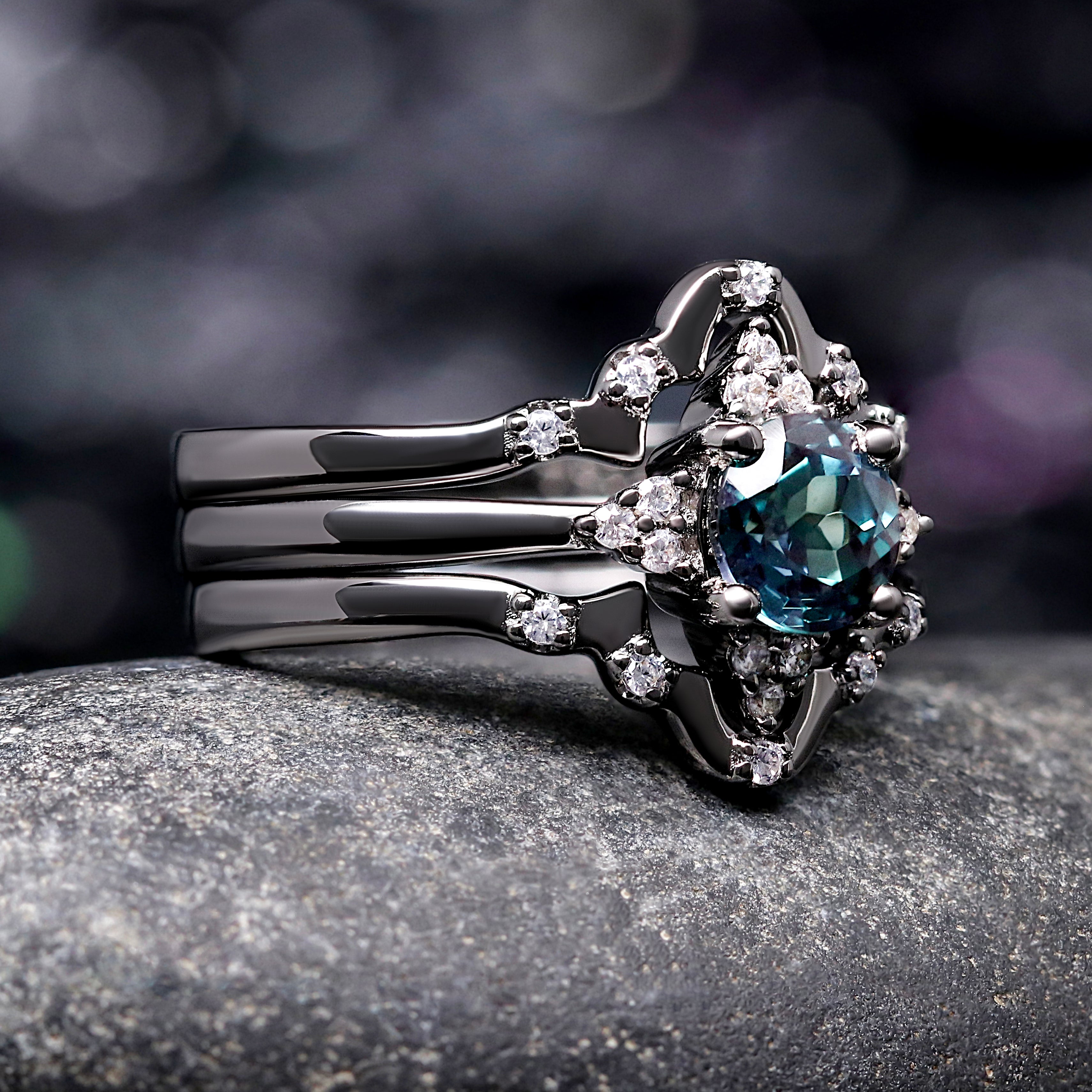 Veloura Couples Alexandrite Wedding Ring Set in Black Sterling Silver