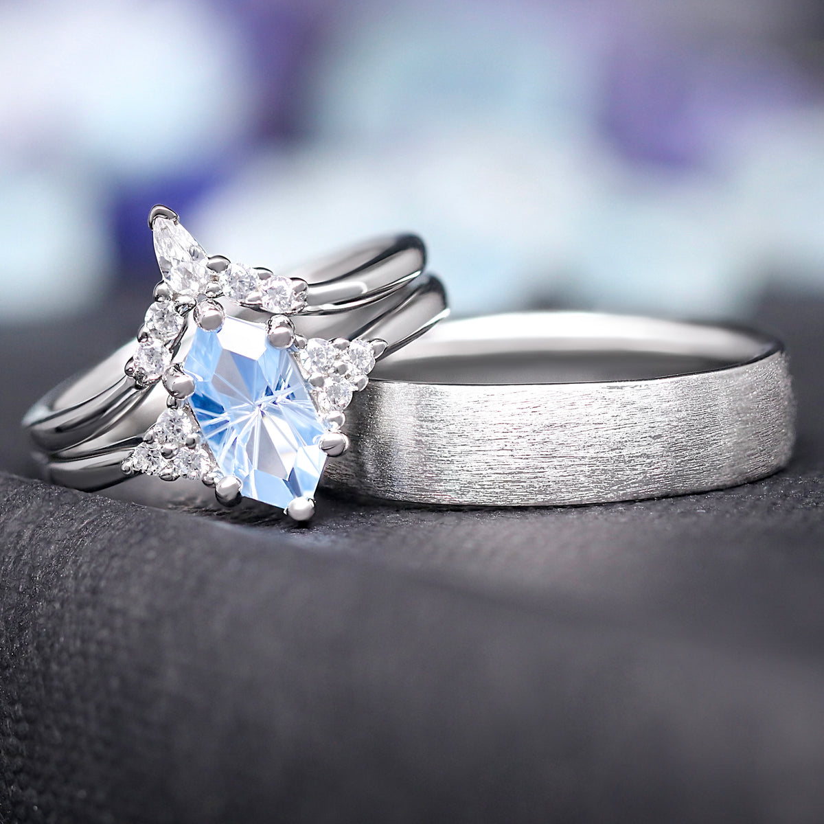 Matching sterling silver couples ring set with aquamarine engagement ring and 6mm brushed band