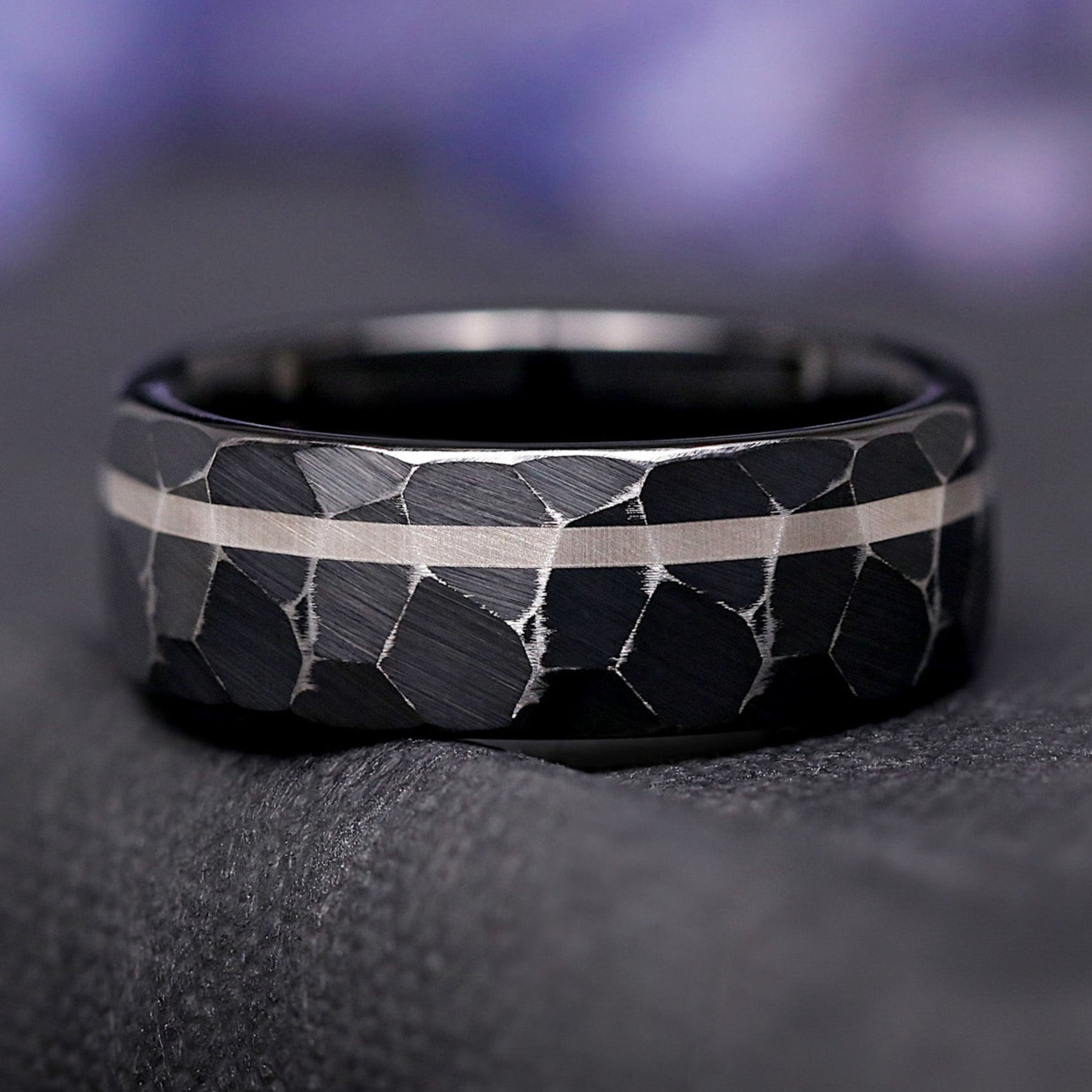 Hammered Matte Black Tungsten Ring, 8mm Men's Wedding Band, Rustic Two Tone Silver and Black Ring, Durable Promise Ring, Matte Black Ring