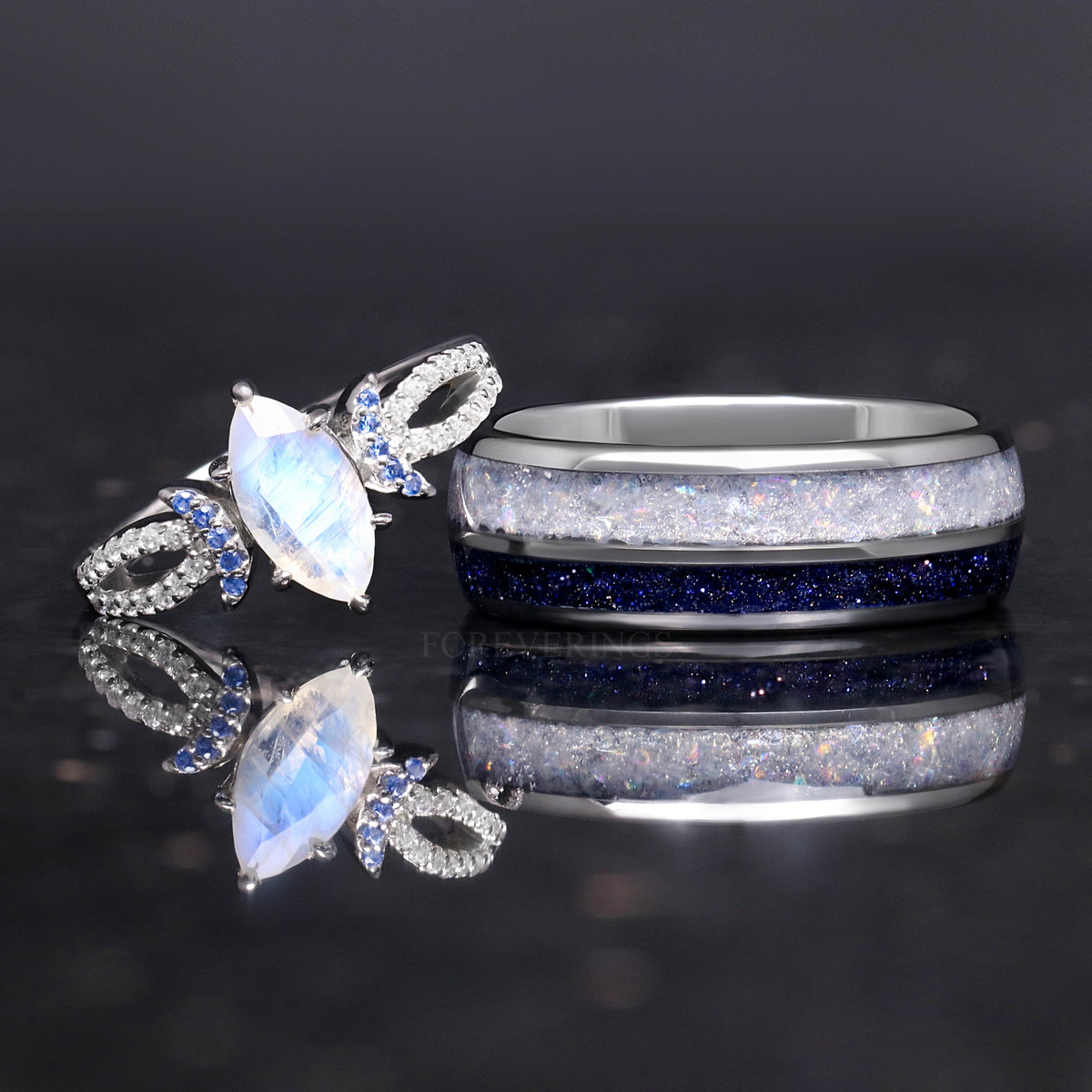 Matching sterling silver and tungsten couples ring set with moonstone and blue sandstone, 8mm and 1.7mm