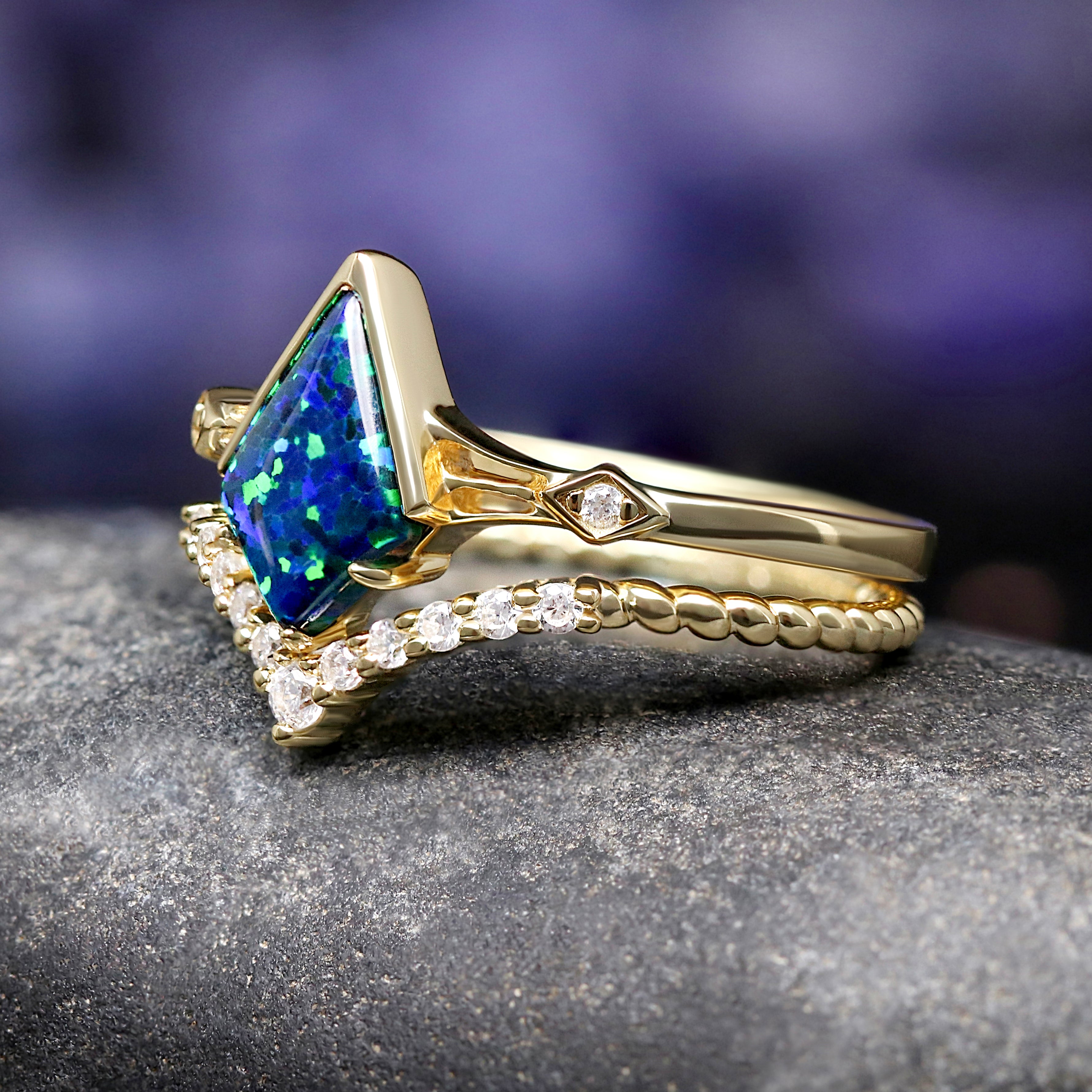 Gold Couples Ring Set, His Hammered Tungsten Emerald Opal Ring, Her Kite Cut Opal Engagement Ring, Unique Matching Celtic Wedding Bands