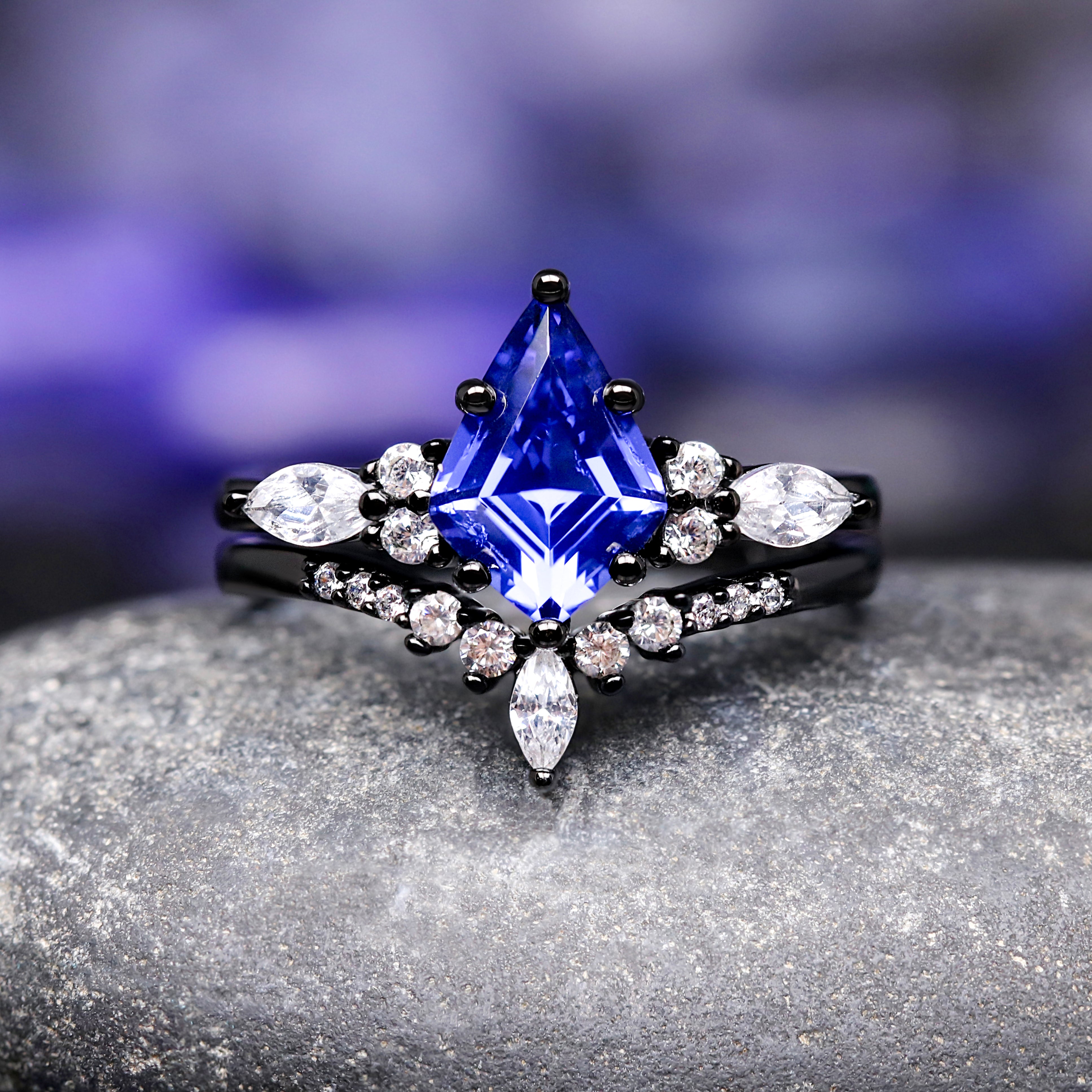 Orion Nebula Ring™ Set - Matching Sapphire Couples Wedding Ring Set - Black Engagement Ring Set