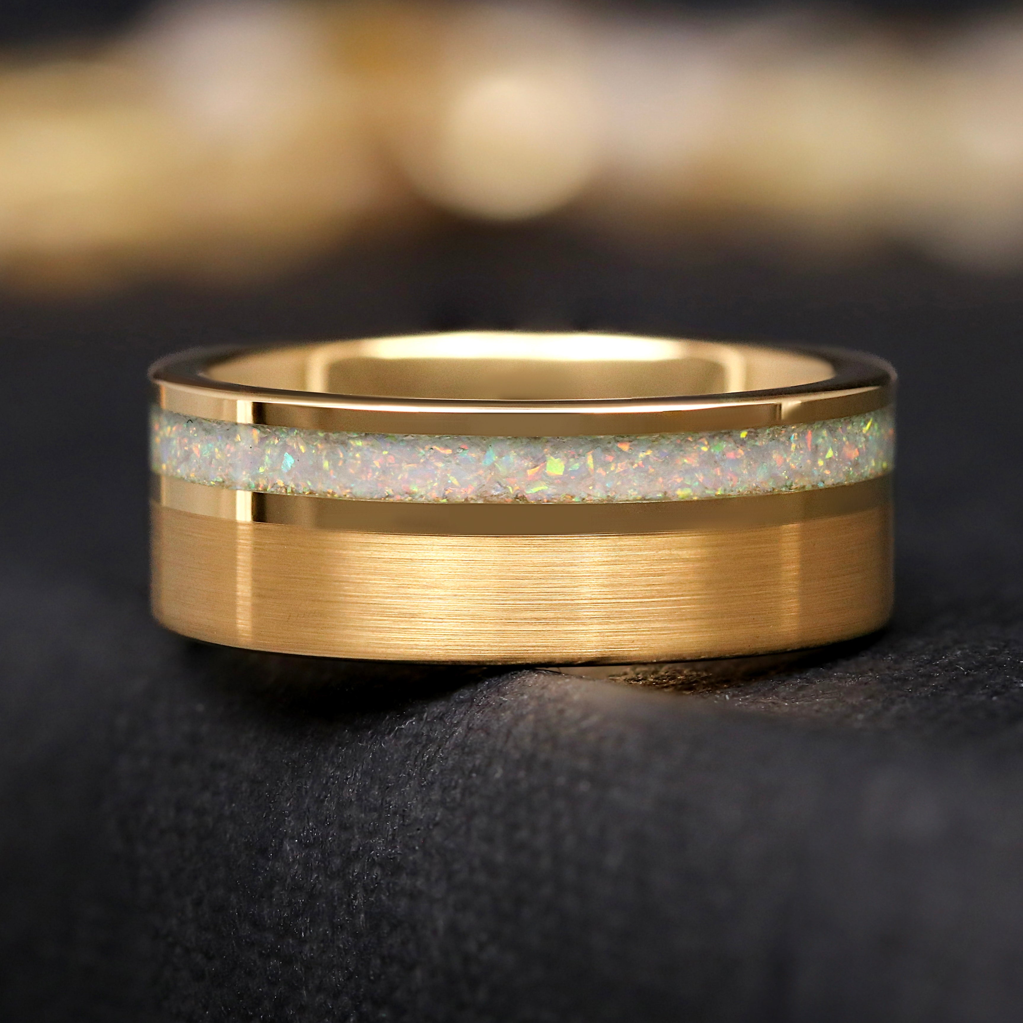 Gold Opal Wedding Ring Set Couples, Matching His and Hers Ring, Fantasy Promise Ring Set, Flat Polish, Stacking Star Ring, Tungsten Band Set