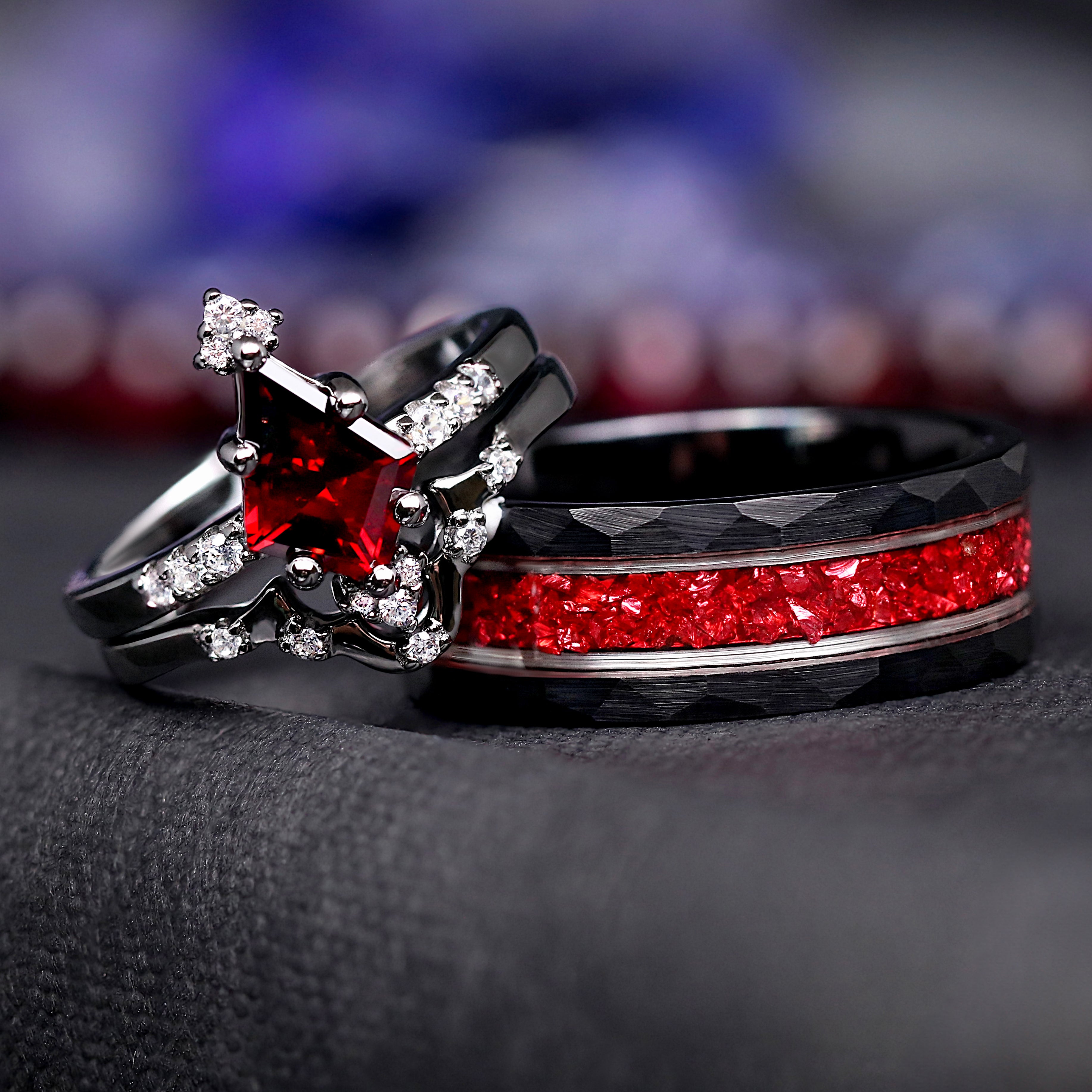 Ruby Red and Black Hammered Mens Ring, 8mm Tungsten Wedding Band, Crushed Red German Glass Stones, Matte Brush, Hammered Band, Ring Engrave