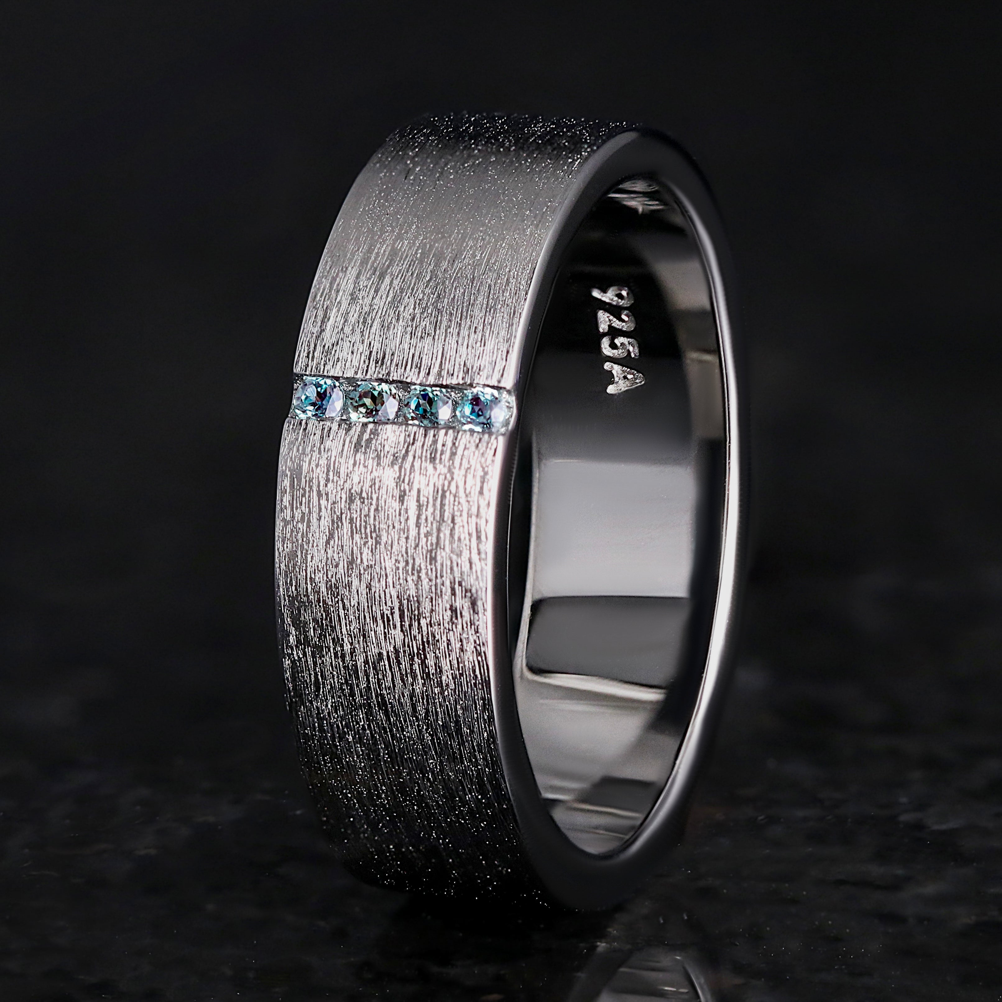 Elegant black alexandrite wedding bands set