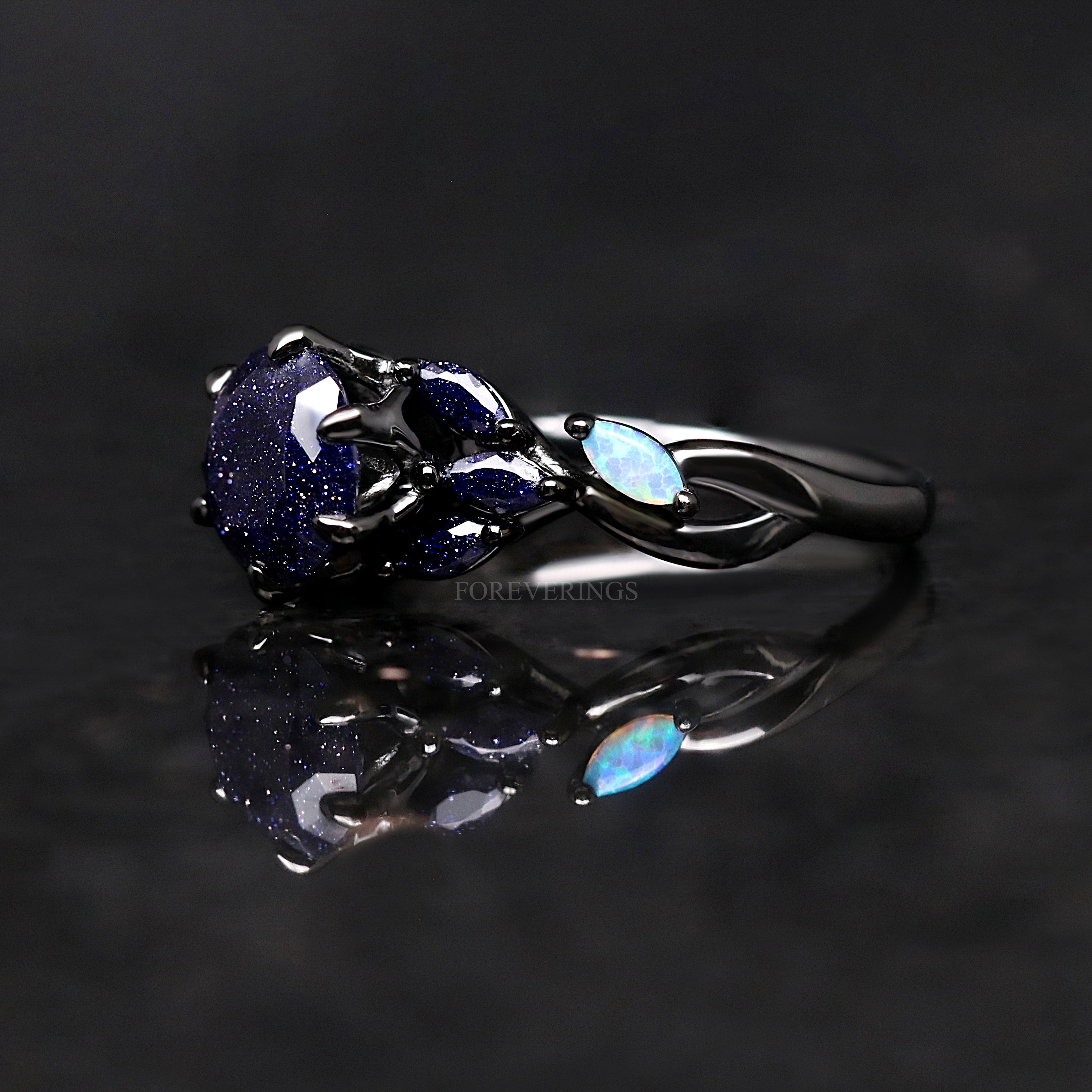 Nesta Rift Nebula Ring Sandstone, Black Rhodium Engagement Ring, Unique Black Ring, 925 Sterling Silver, Blue Sandstone, Starry Night
