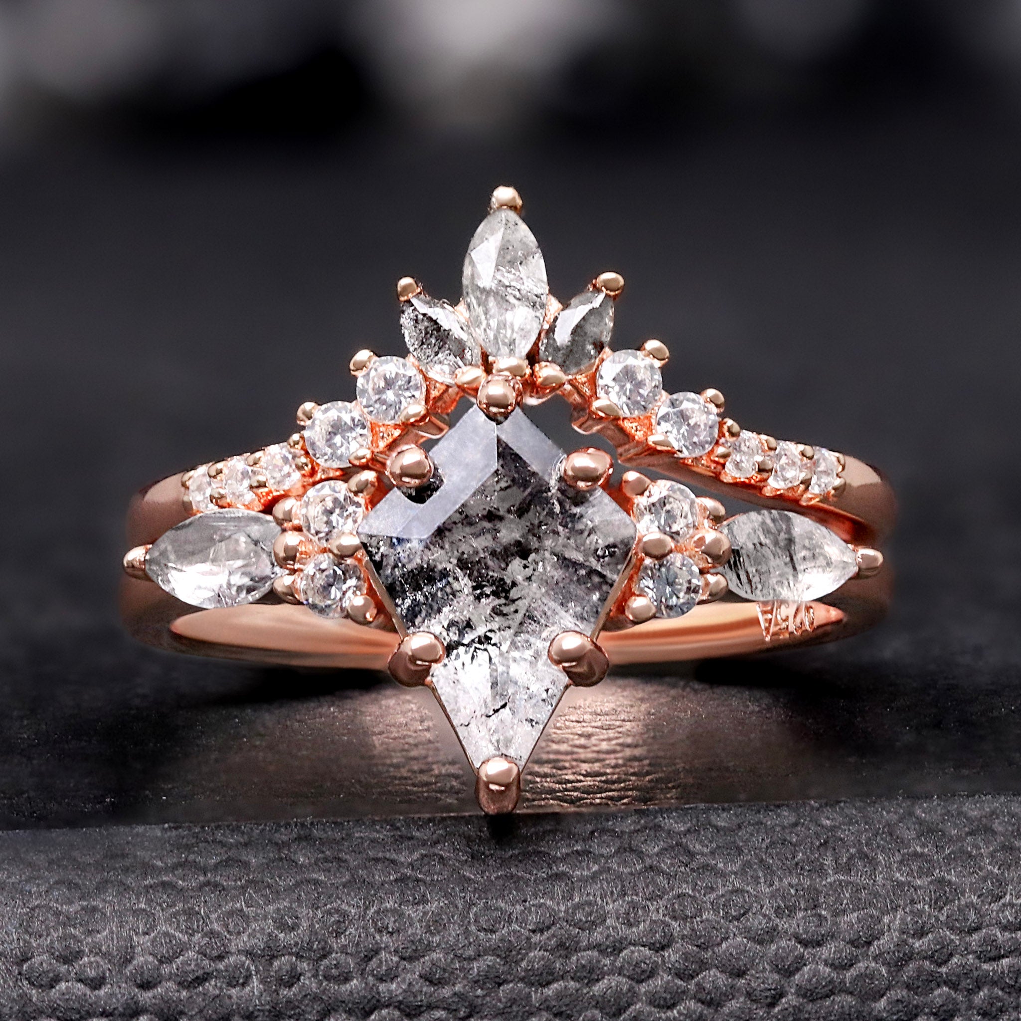 Kite Cut Herkimer Diamond Engagement Ring Set | Rose Gold Couples Ring