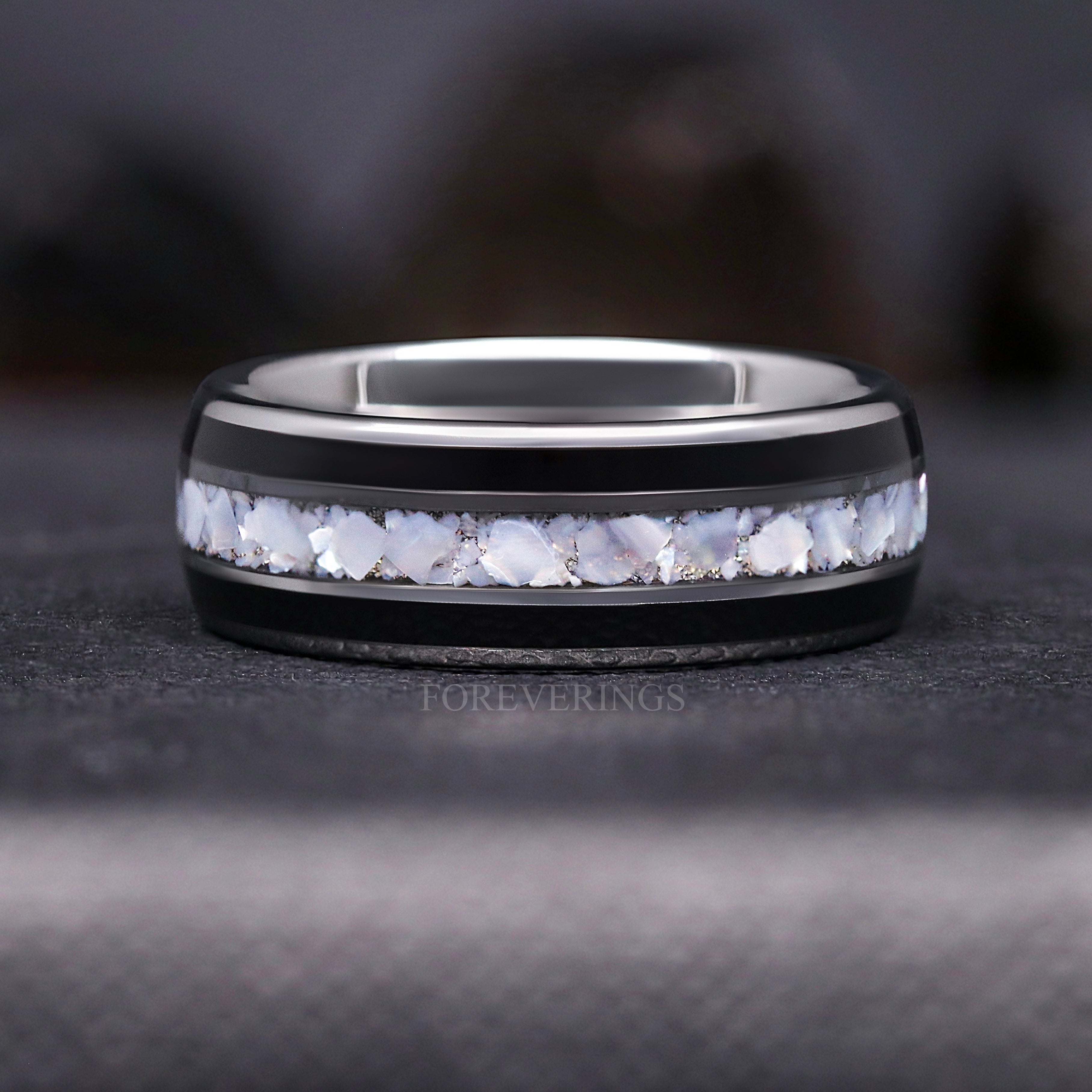 Pearl & Onyx Men’s Wedding Band, Black Onyx Ring, Crushed Pearl Band, Silver Tungsten, 8mm Dome Polished Band, Unique Promise Ring, Engrave