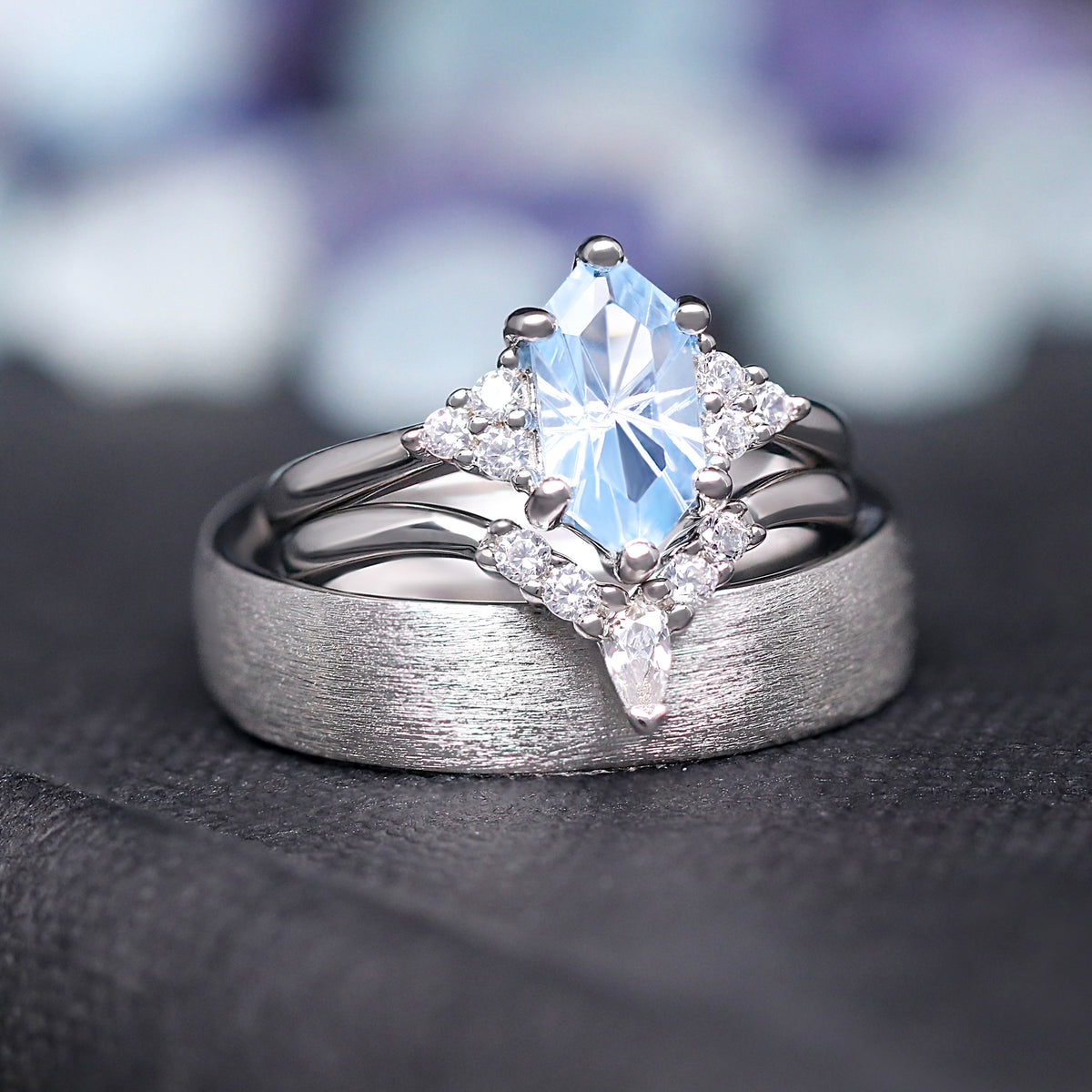 His and hers wedding ring set in sterling silver, aquamarine engagement ring nested in the 6mm band