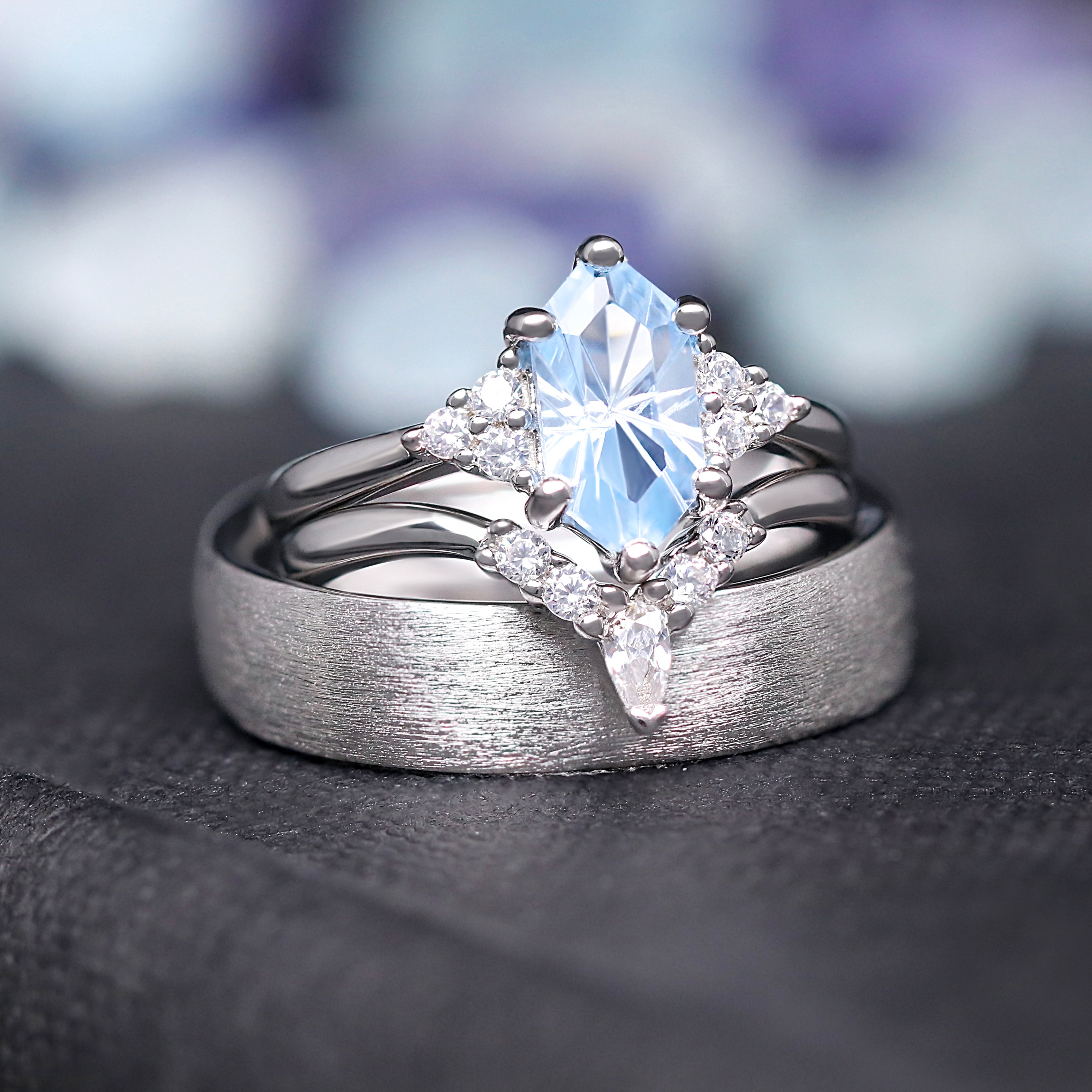 Spire Aquamarine Engagement Ring Set, His and Her Wedding Band Set, Matching Sterling Silver Rings, Unique Blue Promise Ring for Couples