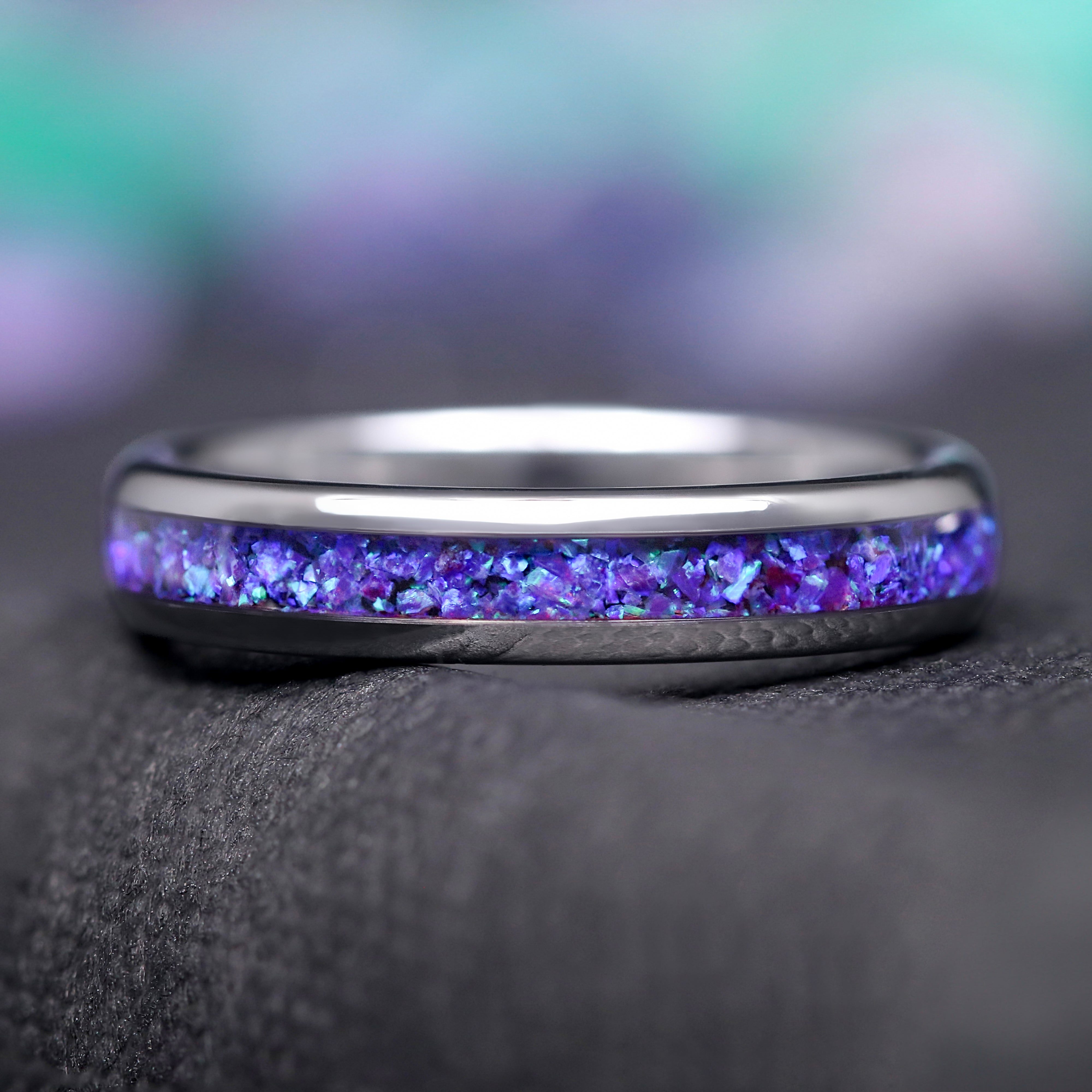 Borealis Opal Wedding Band Set, His and Hers Fire Opal Ring Set, Silver Tungsten Ring, Crushed Opal, 6mm & 4mm Matching Promise Ring, Offset