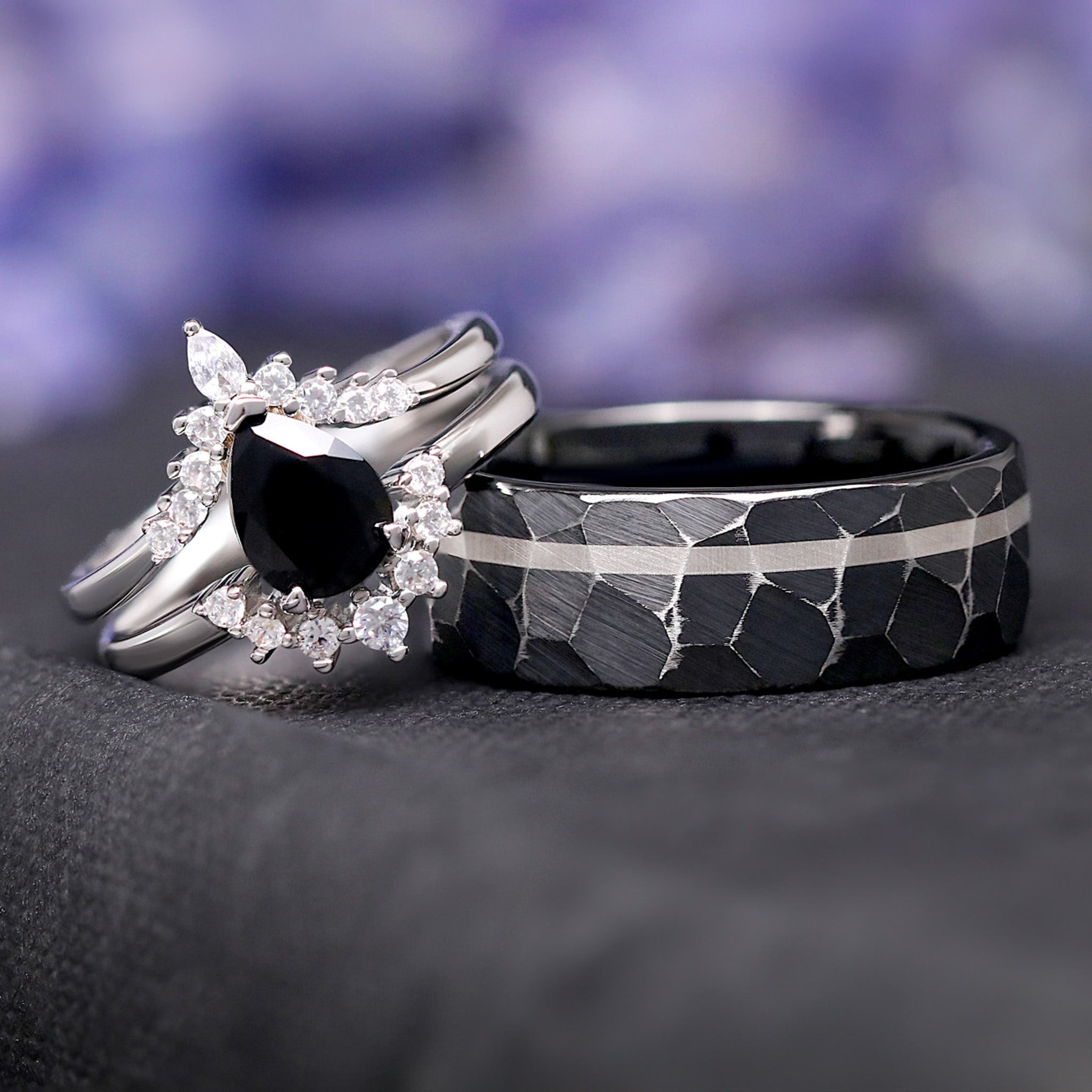 Black Onyx Couples Ring, His and Hers Ring, Rustic Black Hammered Tungsten & Sterling Silver, Promise Ring, Wedding Ring Set