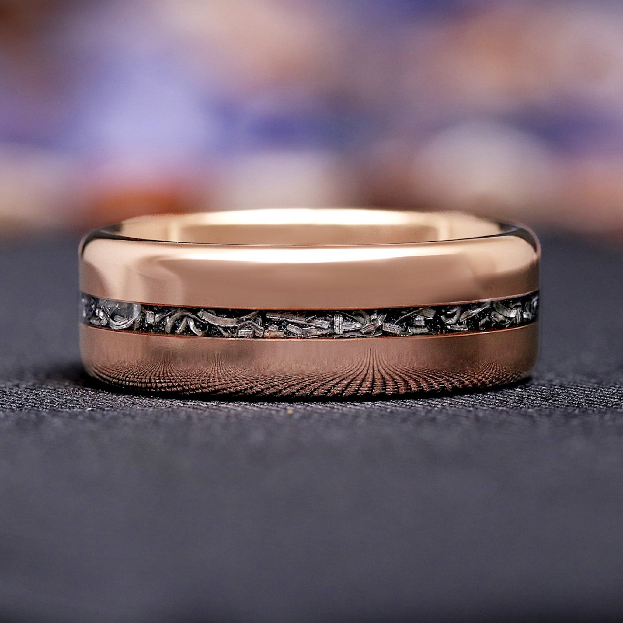 Rose Gold Meteorite Ring, Mens Wedding Band, Unique Gift for Him, Real Genuine Meteorite, Tungsten Flat Polish Band, Engraved Promise Ring