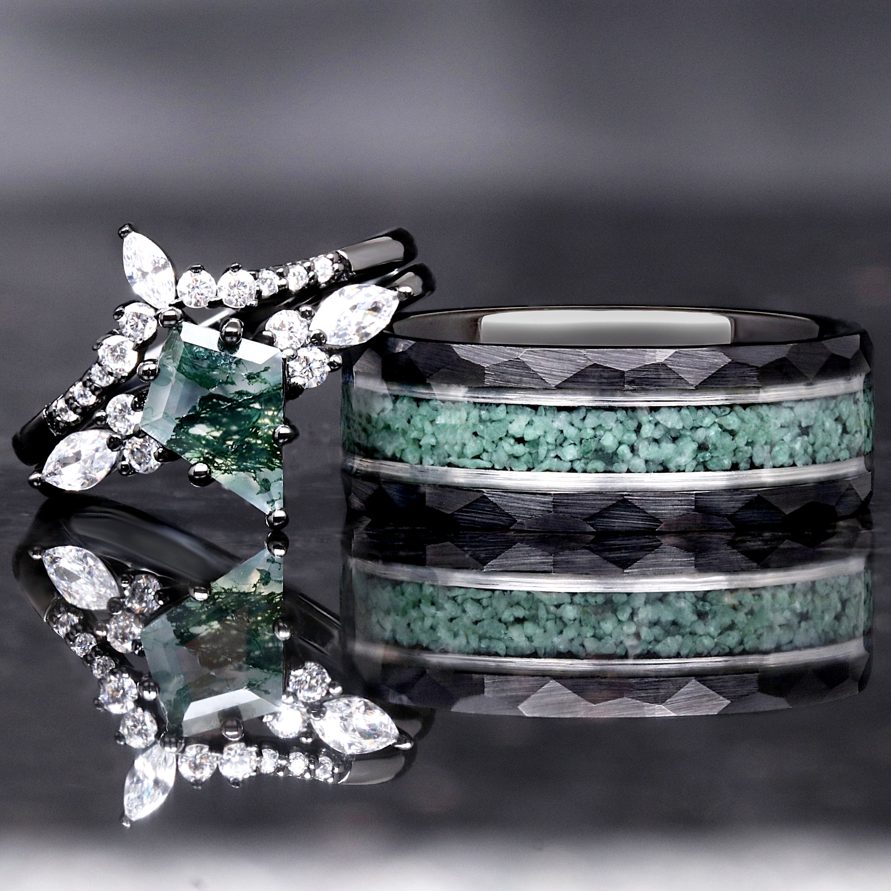 Green Moss Agate Ring Set, His and Hers Wedding Band, Black Ring Set, Matching Nature Couples Ring, Black Plated Tungsten and 925 Silver