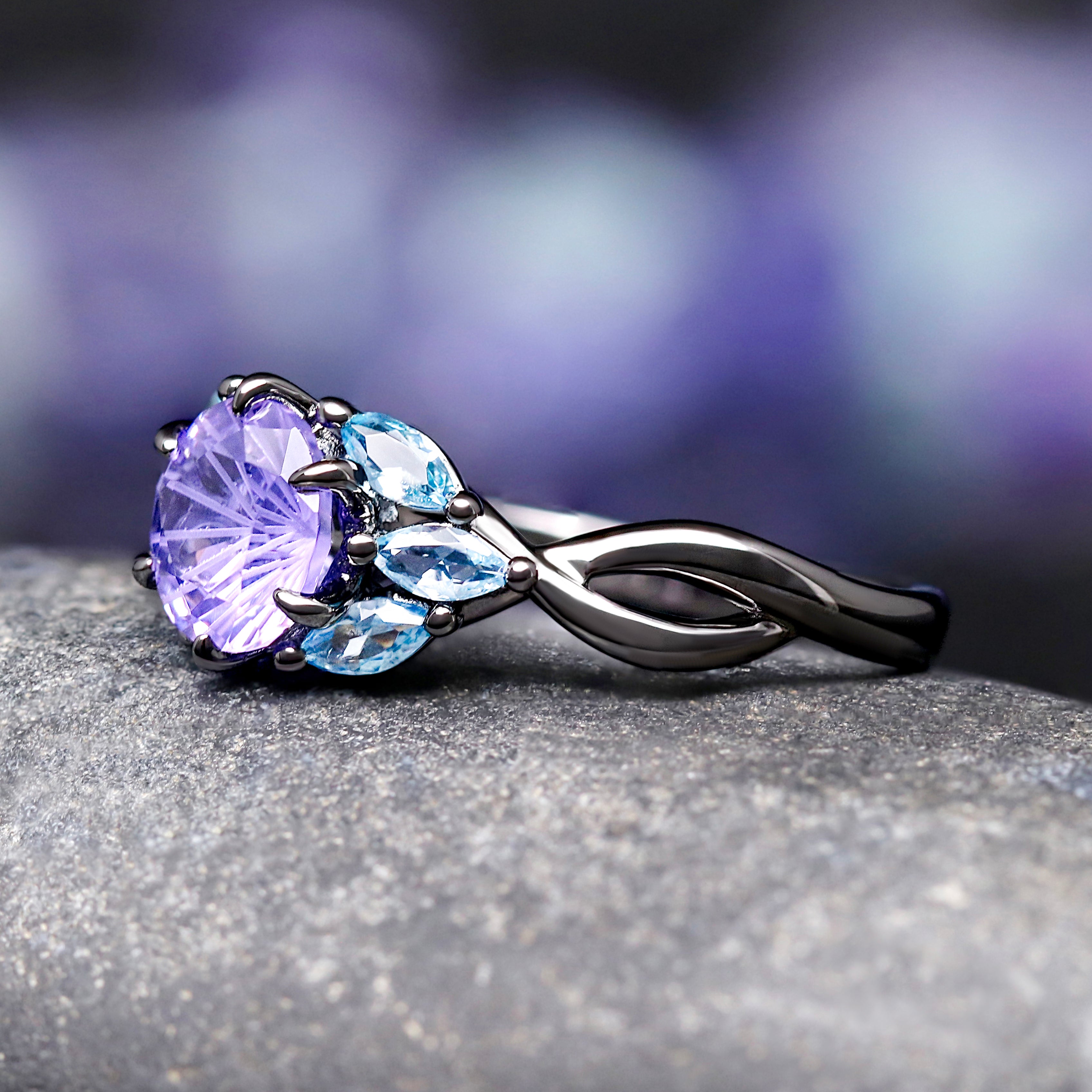 Northern Lights Couples Ring Set, Black Wedding Ring Set, Amethyst Aquamarine, His & Her Matching Engagement Ring Set, Borealis Promise Ring