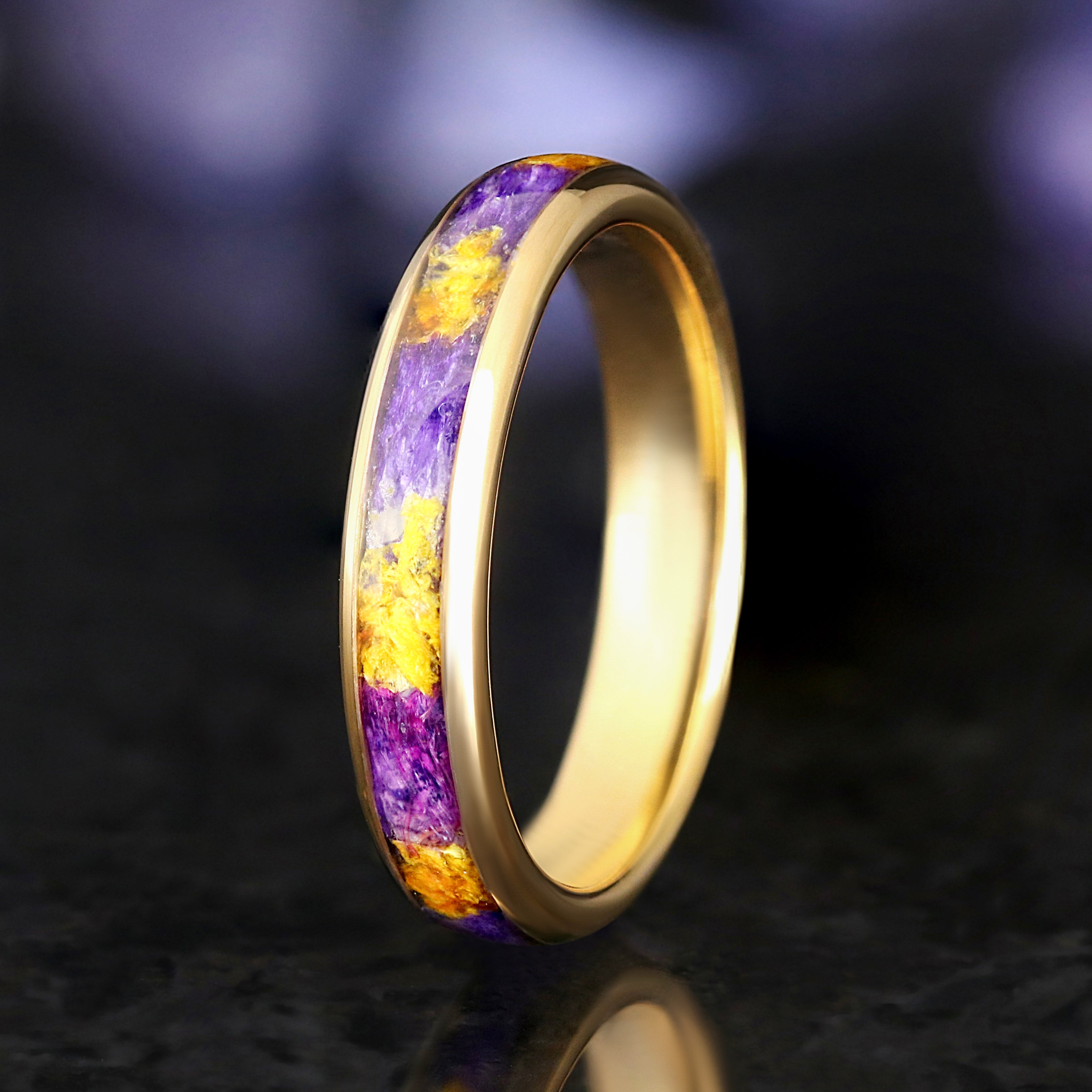 Forget-Me-Not Couples Ring Set, Gold Tungsten Wedding Bands, 4mm & 6mm Flower Inlay Rings, Comfort Fit, Unique Nature Rings for Him Her