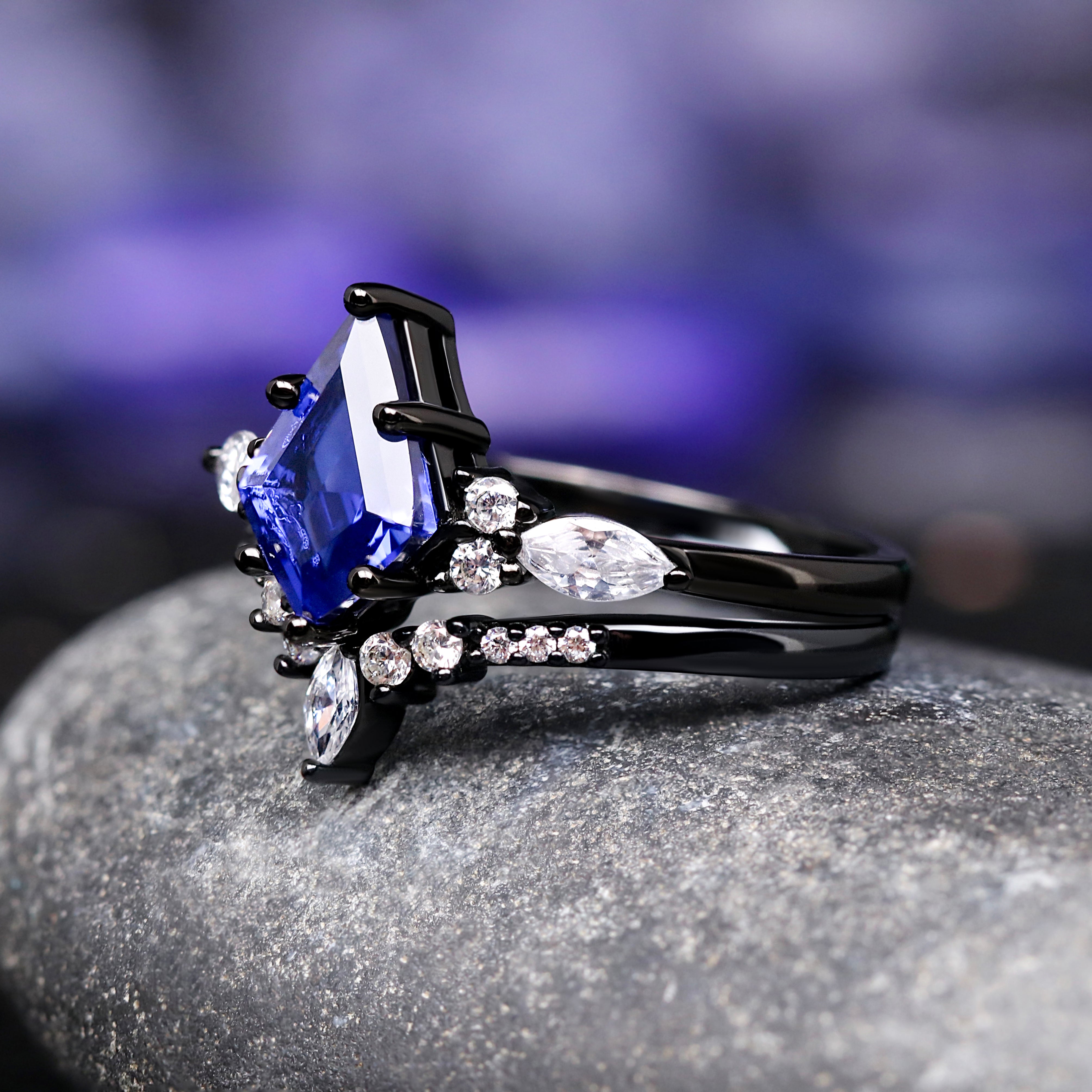 Orion Nebula Ring, Kite Cut Engagement Ring Set, Black Gold Filled Ring, 925 Sterling Silver, Space Wedding Ring, Black Rhodium Finish