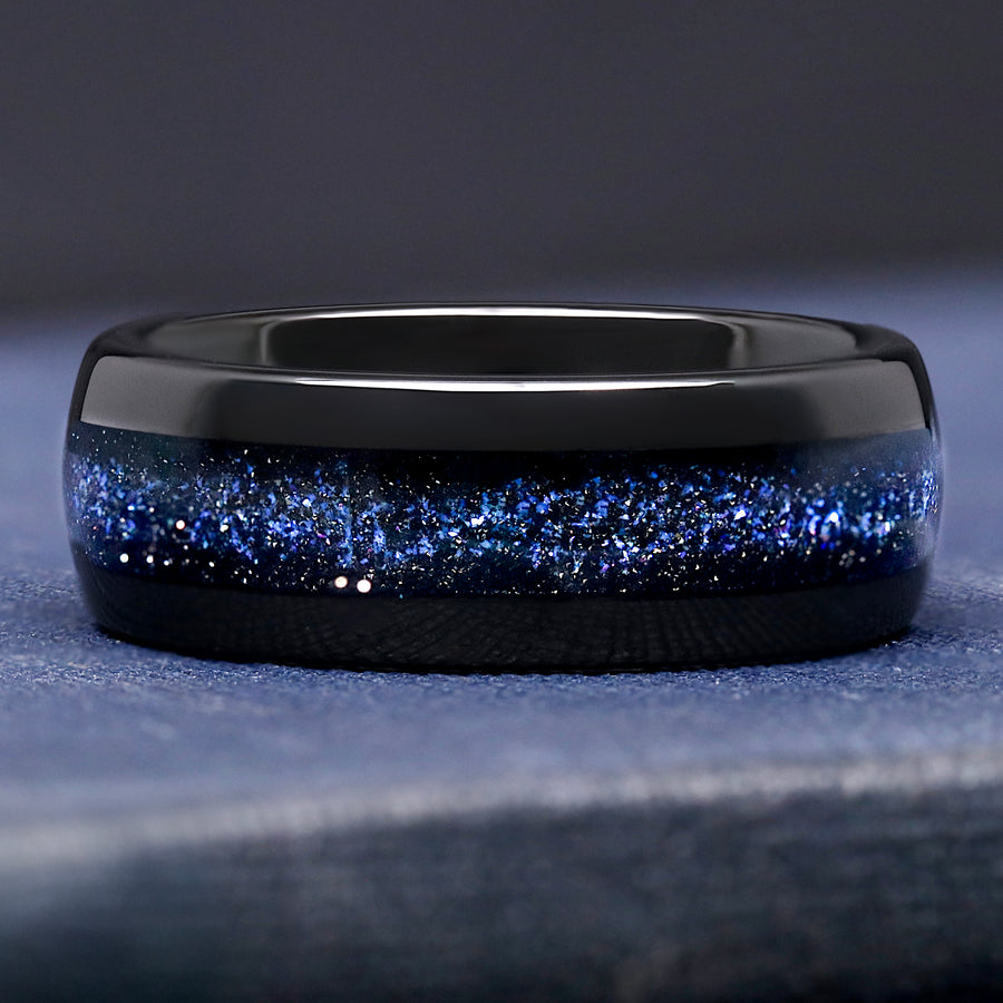 Tungsten blue nebula ring for men