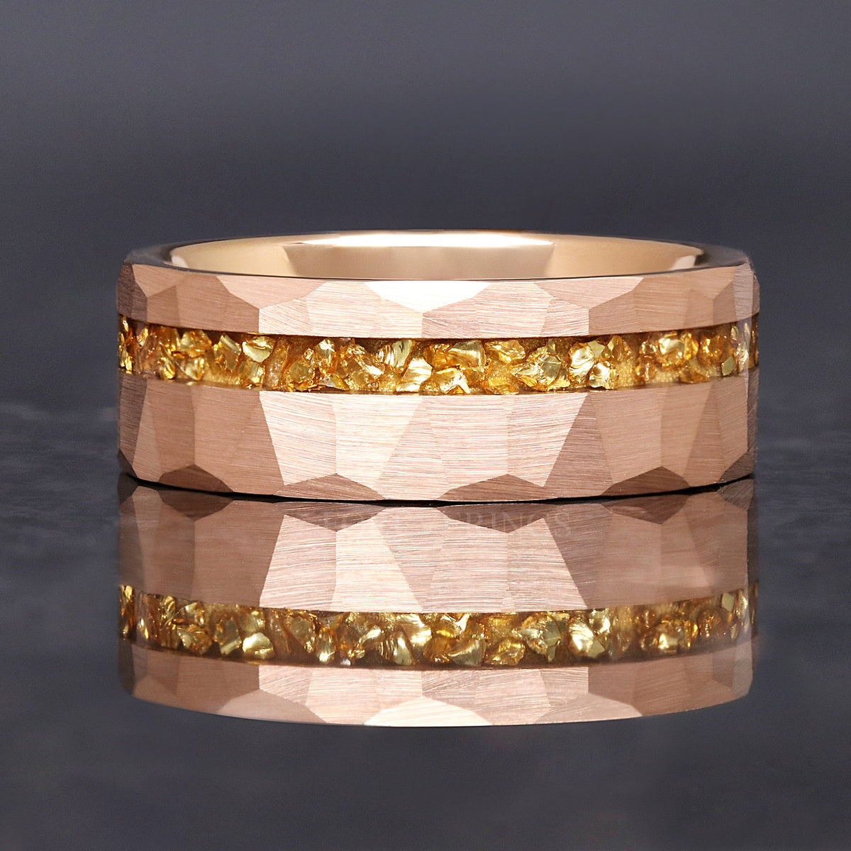 8mm rose gold hammered tungsten band with a citrine strip shown straight on
