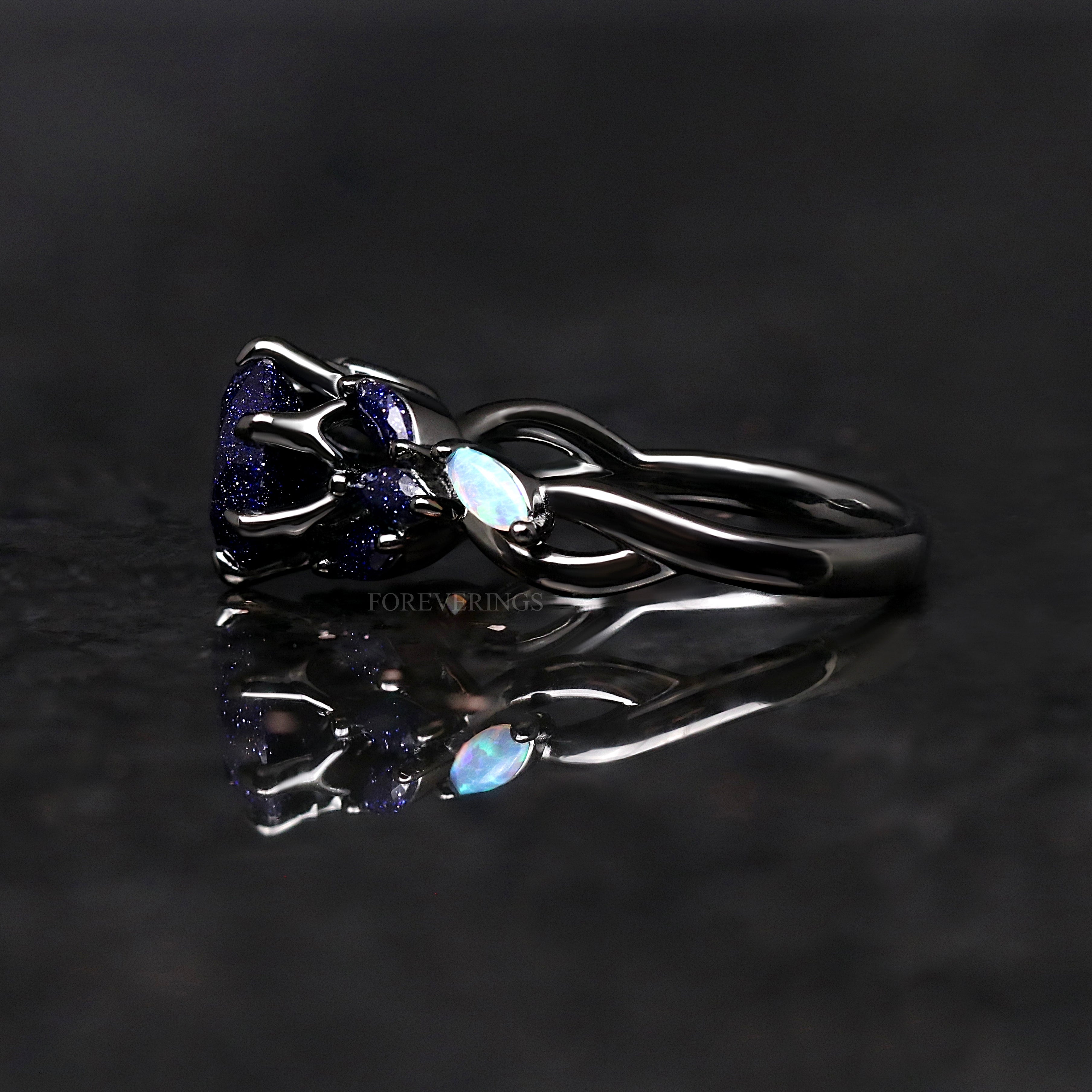 Nesta Rift Nebula Ring Sandstone, Black Rhodium Engagement Ring, Unique Black Ring, 925 Sterling Silver, Blue Sandstone, Starry Night