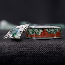 Faeleaf Pear Cut Moss Agate Wedding Ring Set | His & Hers Couples Bands