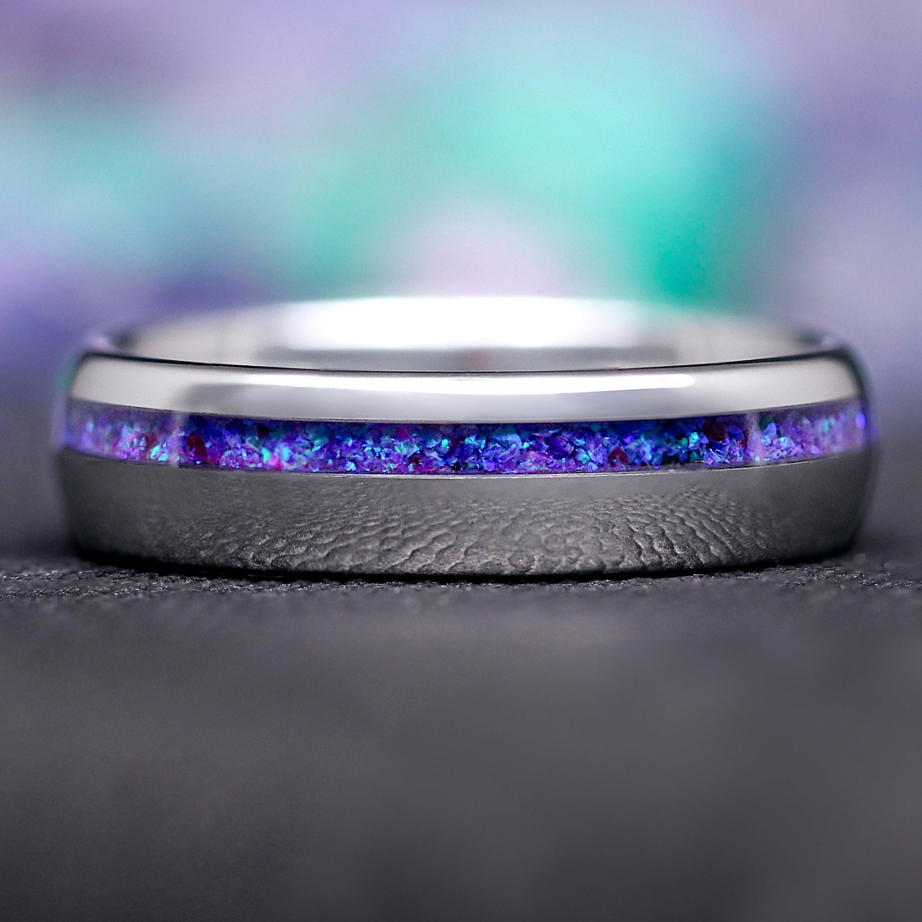 Borealis Opal Wedding Band, Fire Opal Tungsten Ring, Men Women Silver Band, 6mm Unique Promise Ring, Polish Dome, Offset, Northern Lights