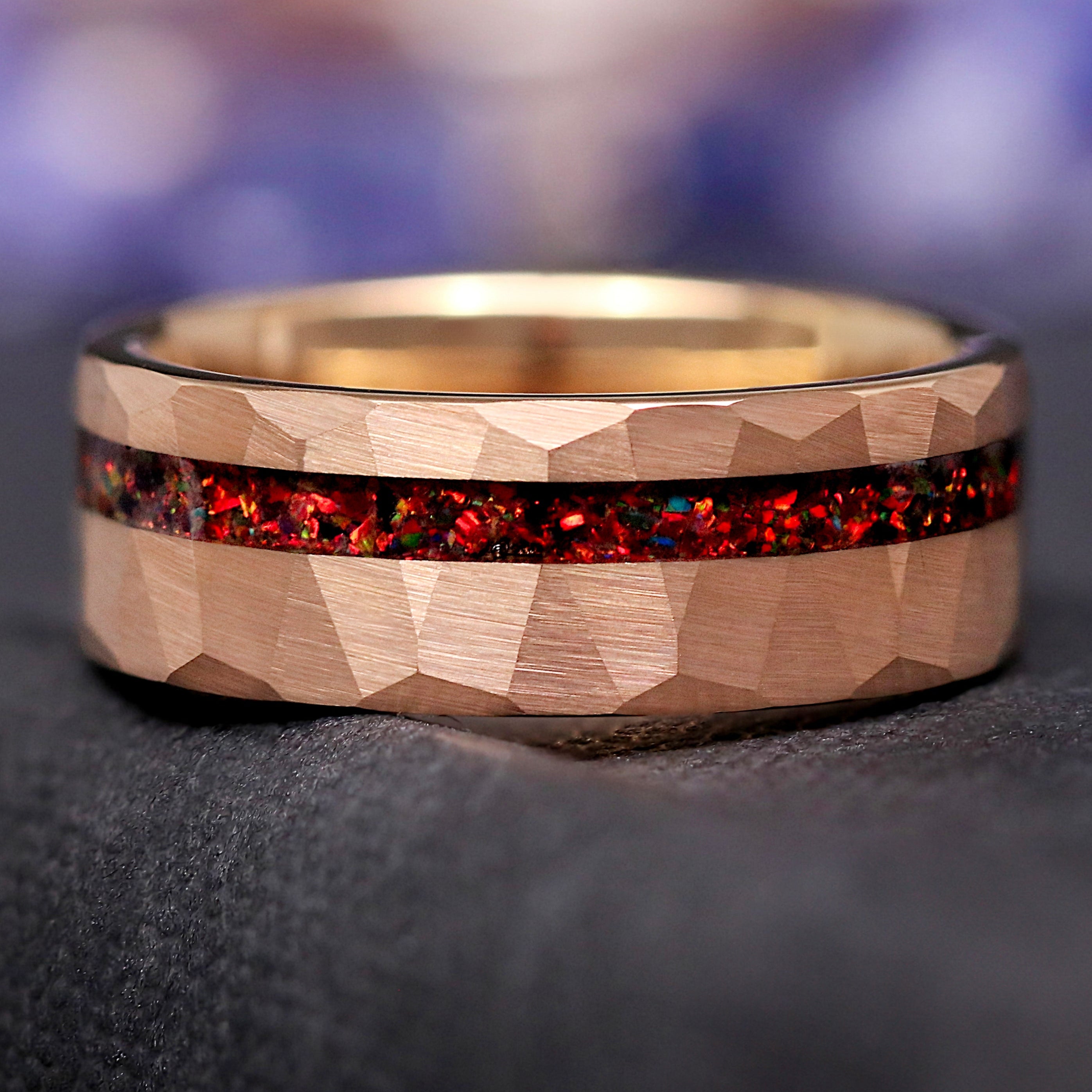 Men Black Opal Tungsten Band, Rose Gold Wedding Ring, Hammered, Flat, 8mm Crushed Black Fire Opal, Matte Brushed, Unique Ring for Him
