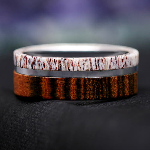 Men’s wood and antler wedding band silver tungsten ring