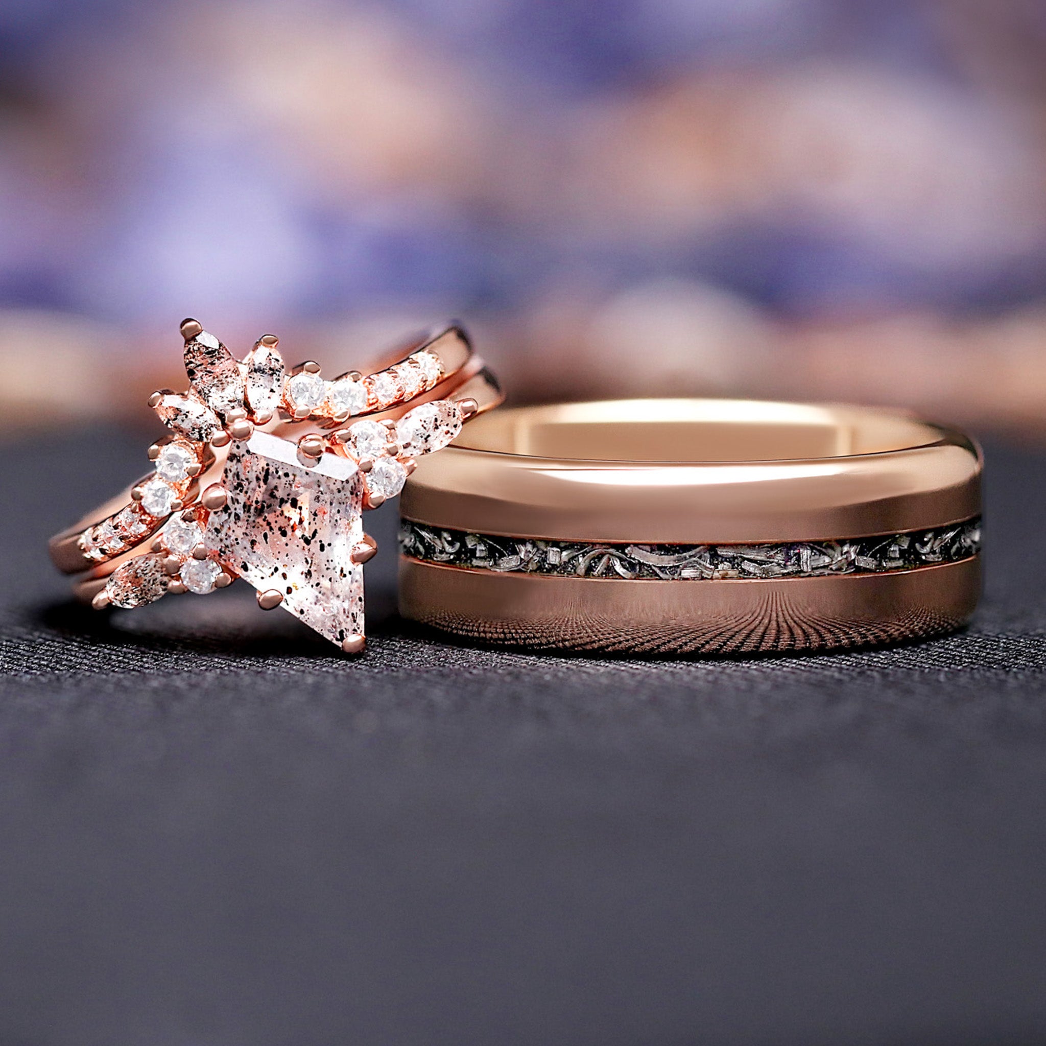 Meteorite & Herkimer Diamond Ring Set, His and Her Rose Gold Engagement Rings, Tungsten Band, 925 Silver, Salt and Pepper Ring Set