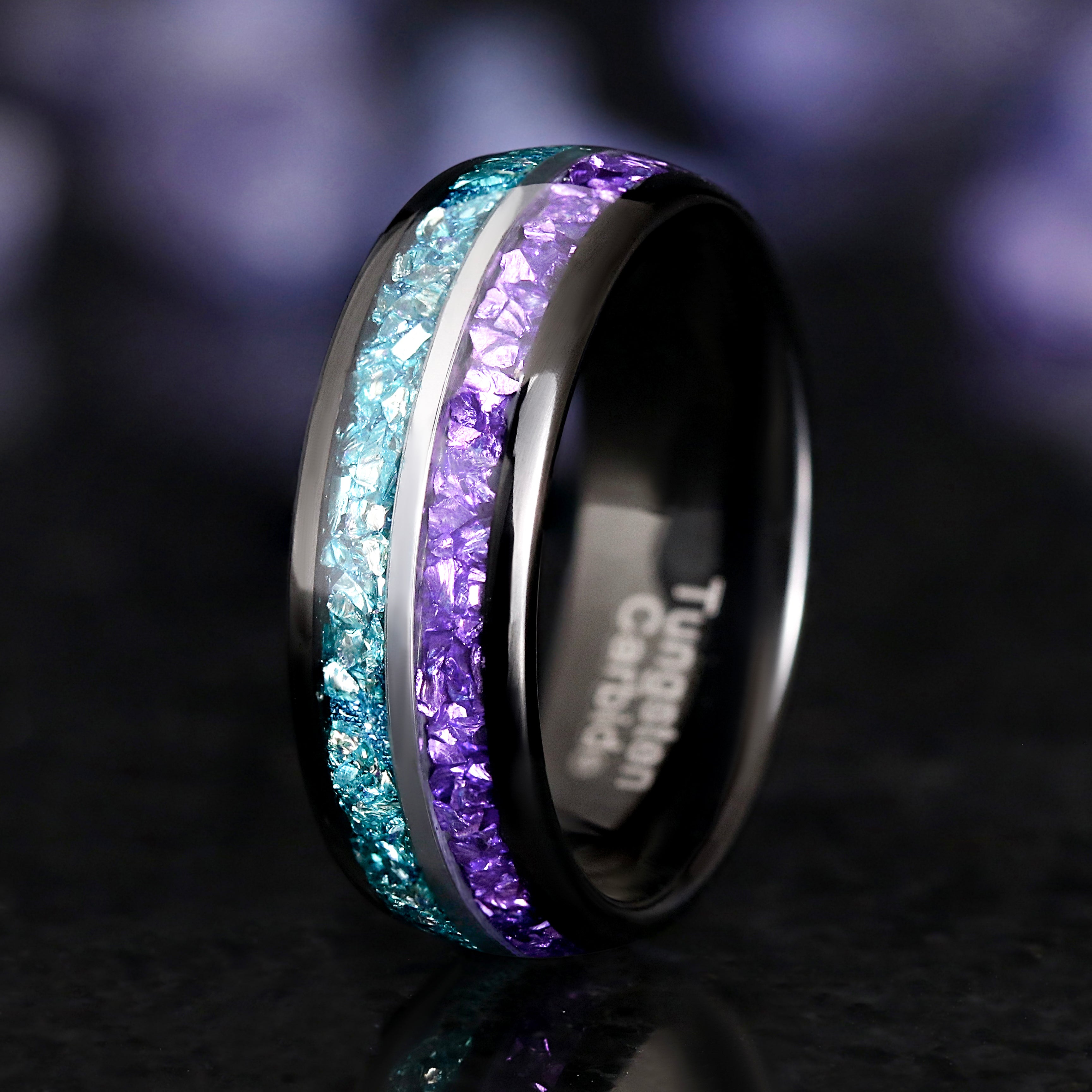 Northern Lights Couples Ring Set, Black Wedding Ring Set, Amethyst Aquamarine, His & Her Matching Engagement Ring Set, Borealis Promise Ring