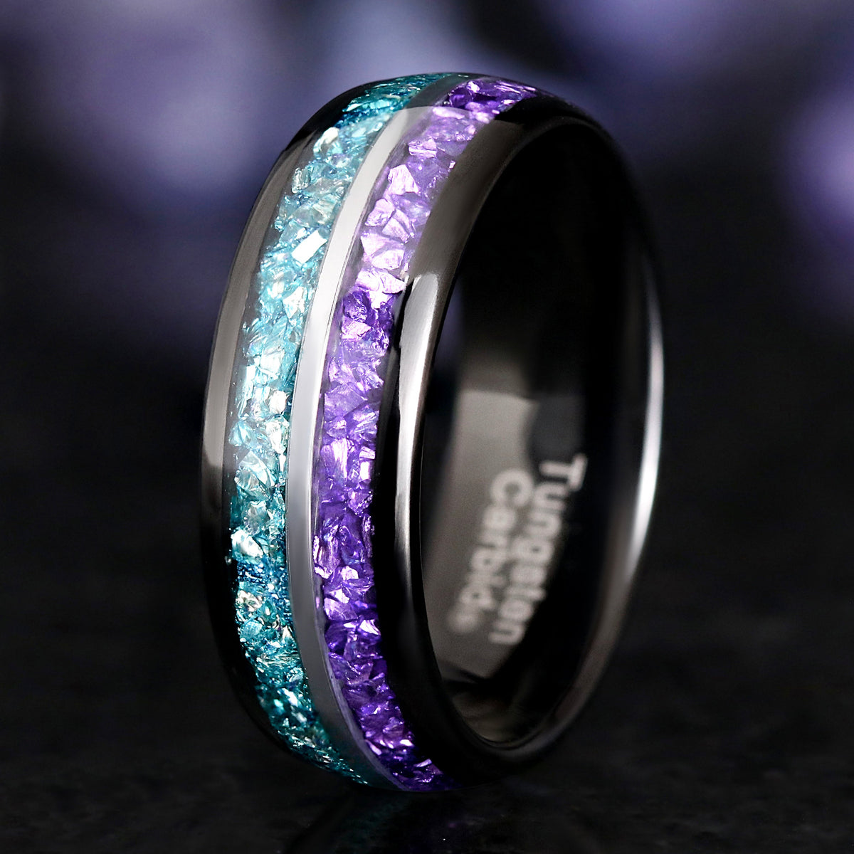 mens tungsten wedding band with aquamarine and amethyst inlay. Two tone black and silver ring.