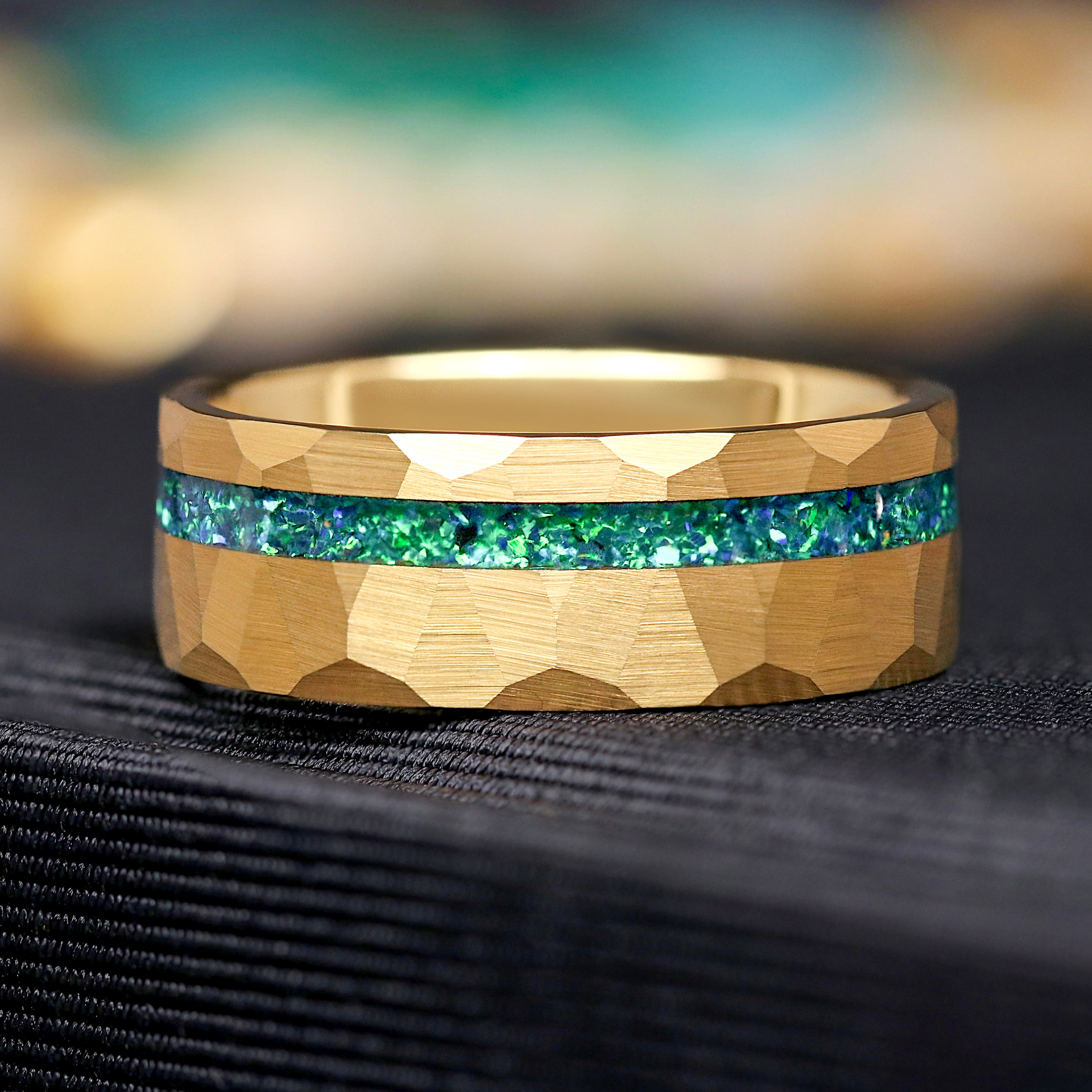 Gold Couples Ring Set, His Hammered Tungsten Emerald Opal Ring, Her Kite Cut Opal Engagement Ring, Unique Matching Celtic Wedding Bands