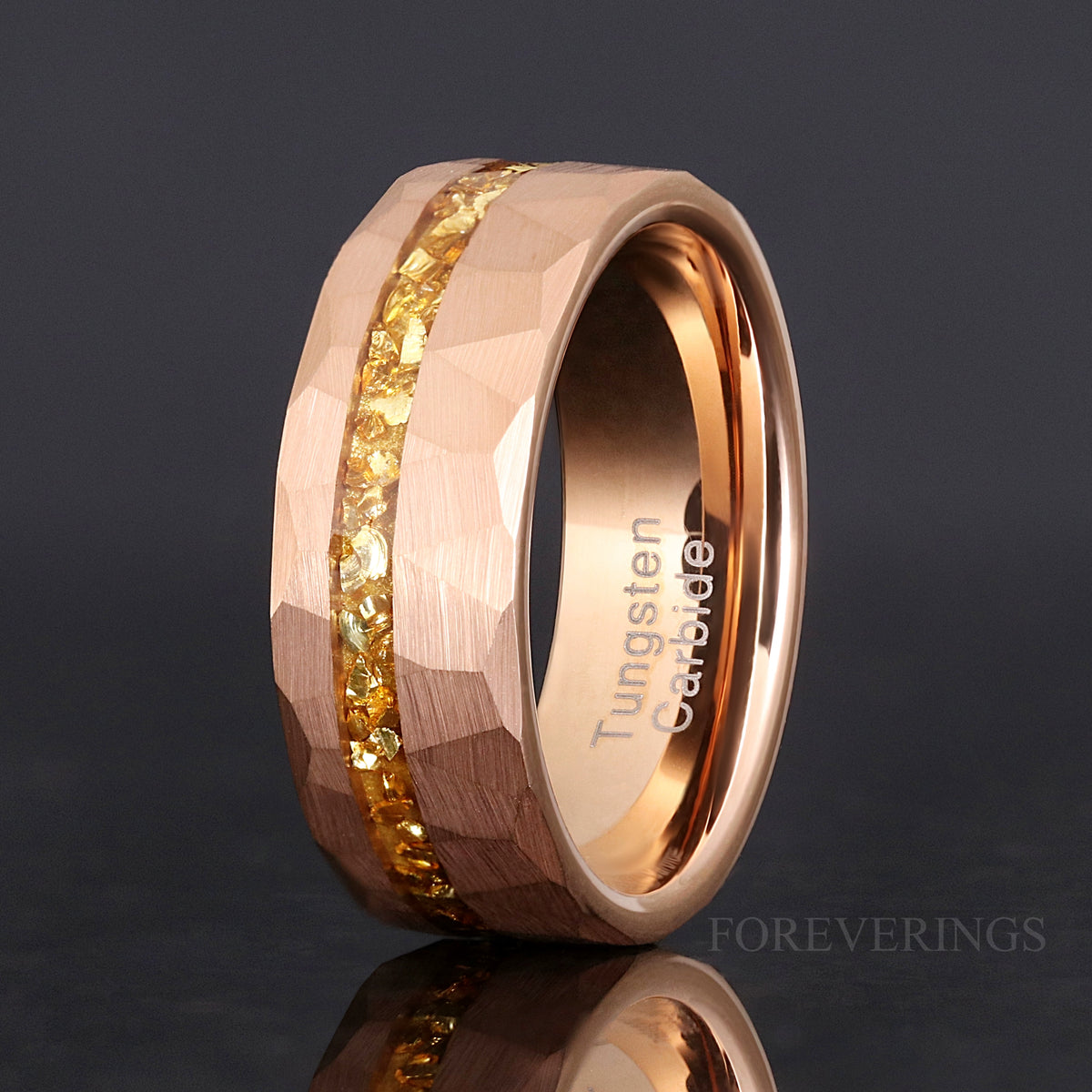Hammered rose gold tungsten band with citrine inlay, side view showing the interior